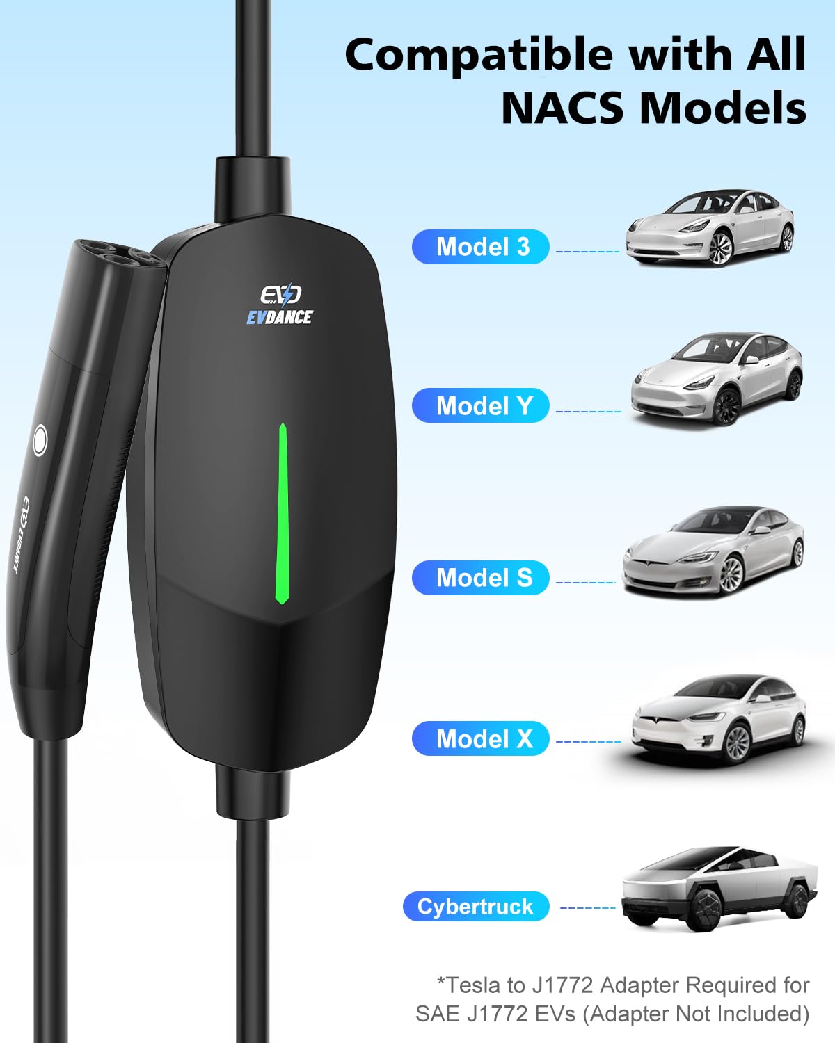 Tesla Level 1 EV Charger - 16A 110V-240V Portable Home Charging Station with 25ft Cable | Compatible with Tesla Model S/3/X/Y | NEMA 6-20 & 5-15 Plug (Black) | Perfect for Home, Garage & Road Trip Charging