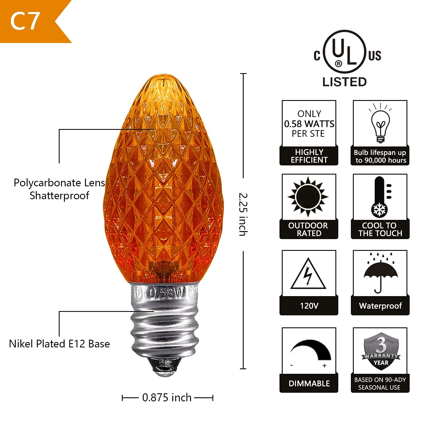 25 Pack C7 LED Christmas Lights Replacement Bulbs - 120V UL Commercial Grade, Faceted Dimmable E12 Socket Bulbs for Indoor & Outdoor Decor (Orange) - Perfect for Holiday Trees, Wreaths, and Home Lighting