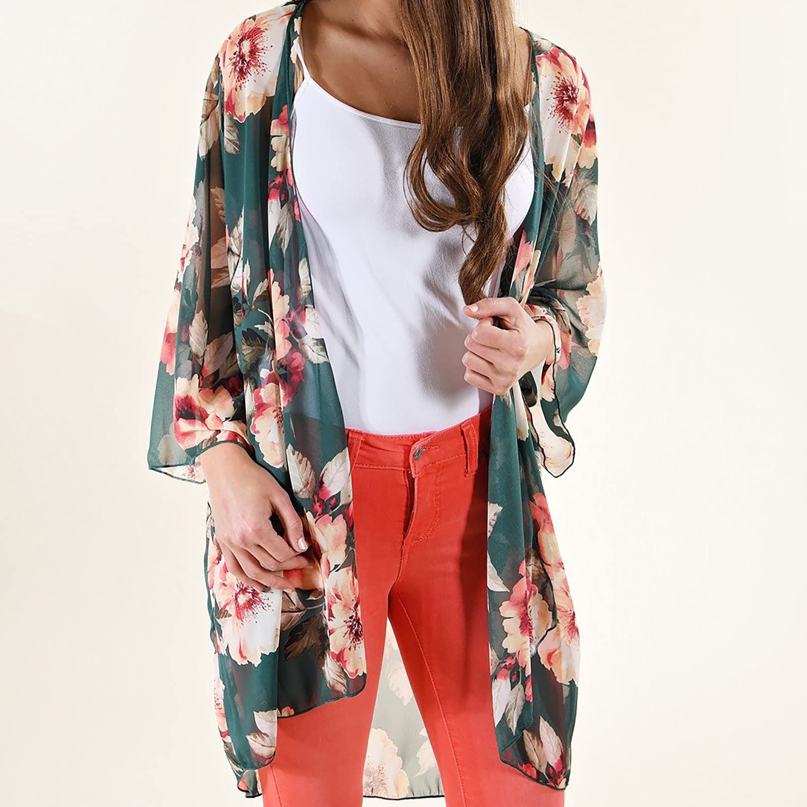 Women's Floral Kimono Cardigan - Lightweight Open Front Beach Cover Up Dress for Swimsuit & Bikini | Summer Beachwear, Pool Party, Vacation Outfit (Grey, Medium)