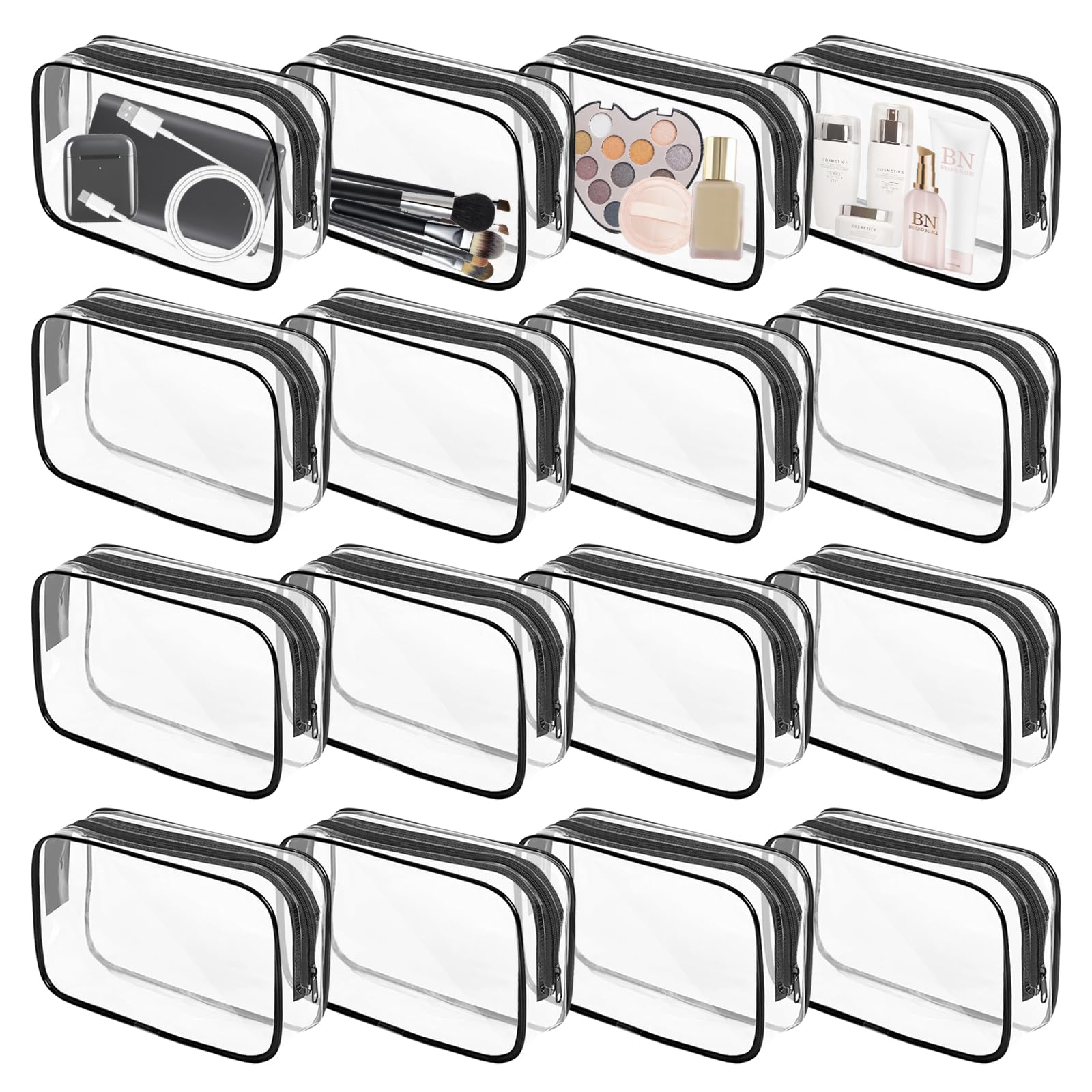 16-Piece Clear Makeup Bags Bulk Set - TSA Approved Waterproof Toiletry Travel Organizer | PVC Zippered Cosmetic Pouches for Men & Women | Perfect for Carry-On Essentials, Air Travel & Daily Organization (Black)