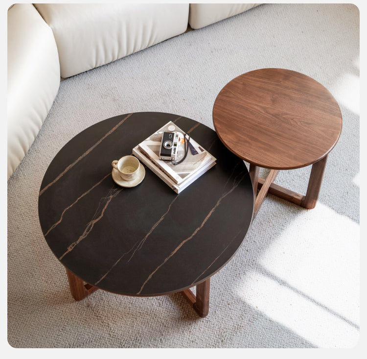 Solid Black Walnut Wood Coffee Table with Rock Surface - Rustic Modern Living Room Furniture for Home Decor