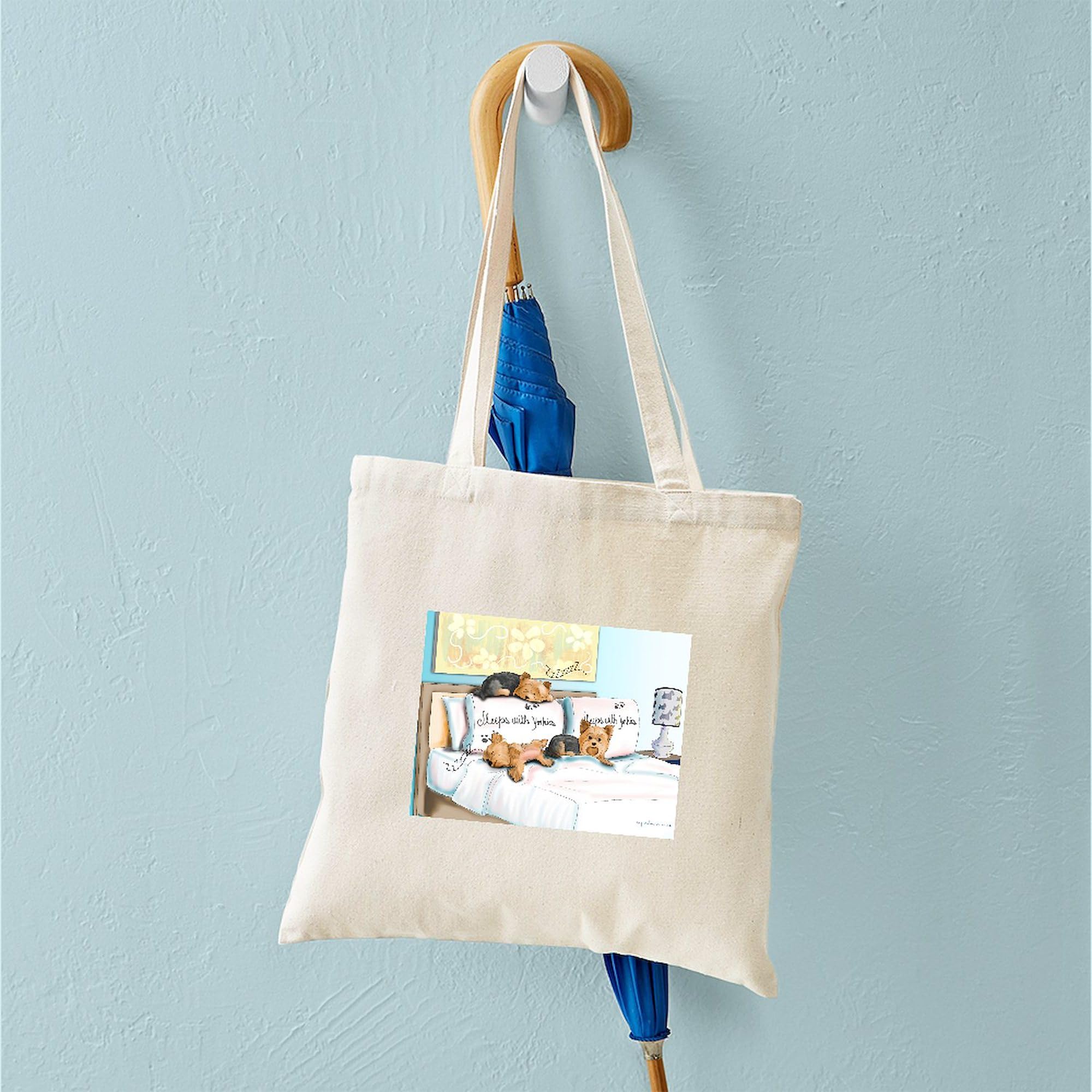 Sleeps With Yorkies Tote Bag - Natural Canvas Reusable Shopping Bag for Women | Eco-Friendly Grocery Tote for Dog Lovers, Pet Owners & Yorkie Fans | Perfect for Shopping, Beach Trips & Daily Use