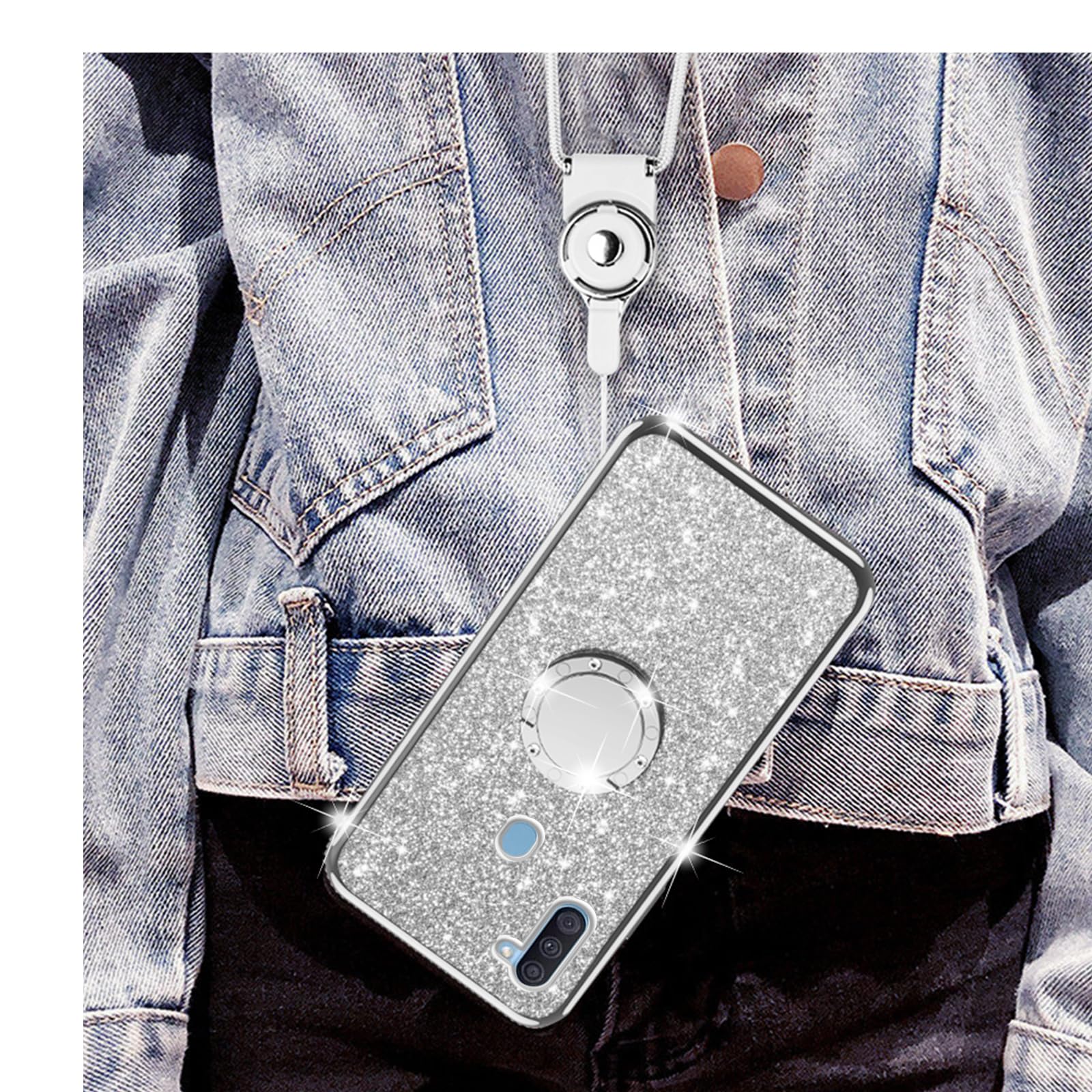 Cute Glitter Rhinestone Silicone Phone Case for Samsung Galaxy A11 - Shockproof Protection with Ring Stand, Strap & Lanyard | Perfect for Women & Girls | Stylish Accessory for Daily Use, Work & Travel (Silver)