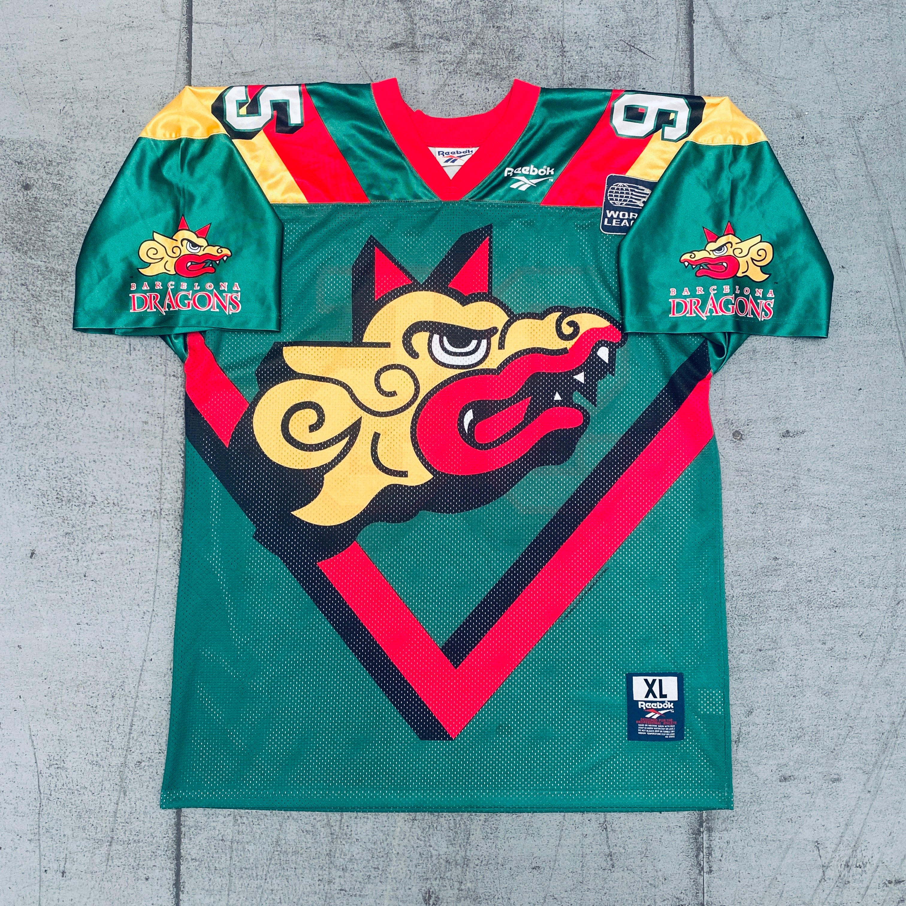 Vintage 1995 Barcelona Dragons Reebok Jersey - XL Size | Authentic Retro Football Shirt for NFL Europe Fans & Collectors | Perfect for Game Day, Cosplay, and Sports Memorabilia Display