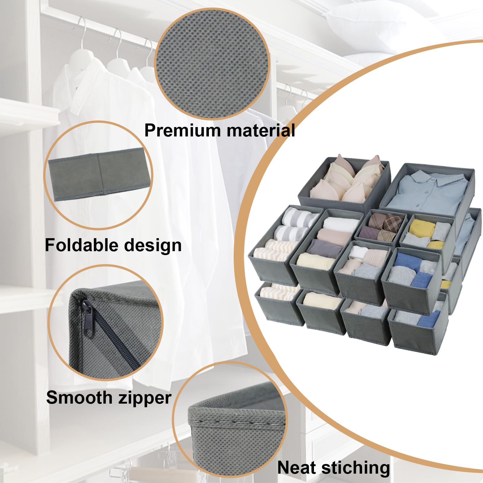 16-Piece Fabric Drawer Organizer Set - Foldable Storage Baskets & Cabinet Dividers for Clothes, Socks, Ties, Underwear | Space-Saving Closet & Dresser Organization Solution (Gray)