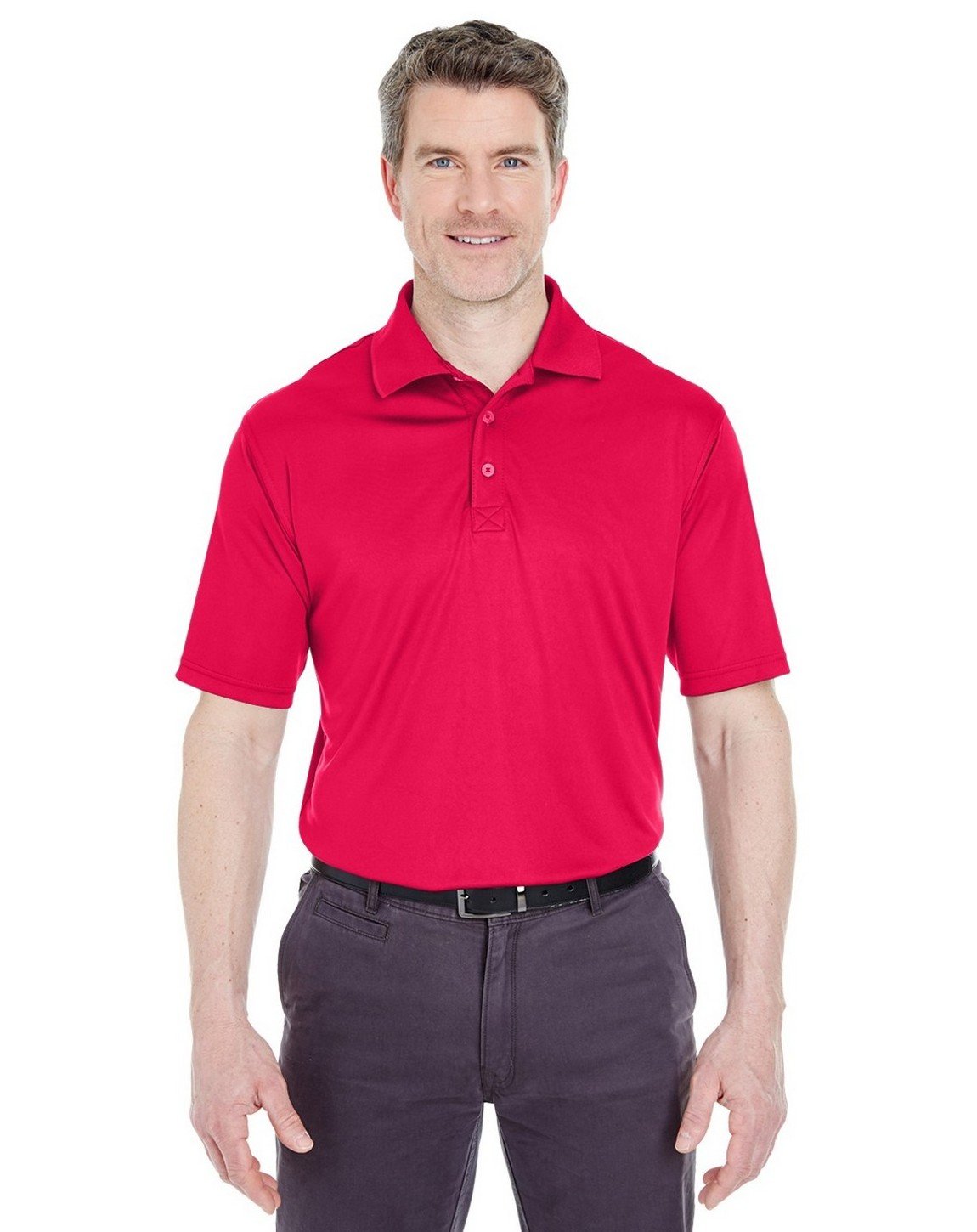 UltraClub 8425 Men's Performance Interlock Polo Shirt - Moisture Wicking, Breathable, Comfort Fit - Red, Large - Perfect for Golf, Work & Casual Wear