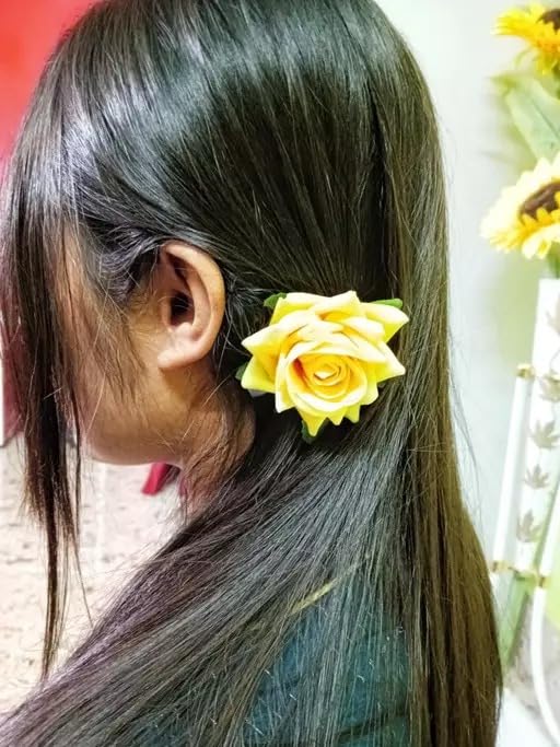 2 Pack Yellow Artificial Rose Hair Clips - Floral Hair Accessories for Women, Girls, Bridal, Wedding, Party & Everyday Wear