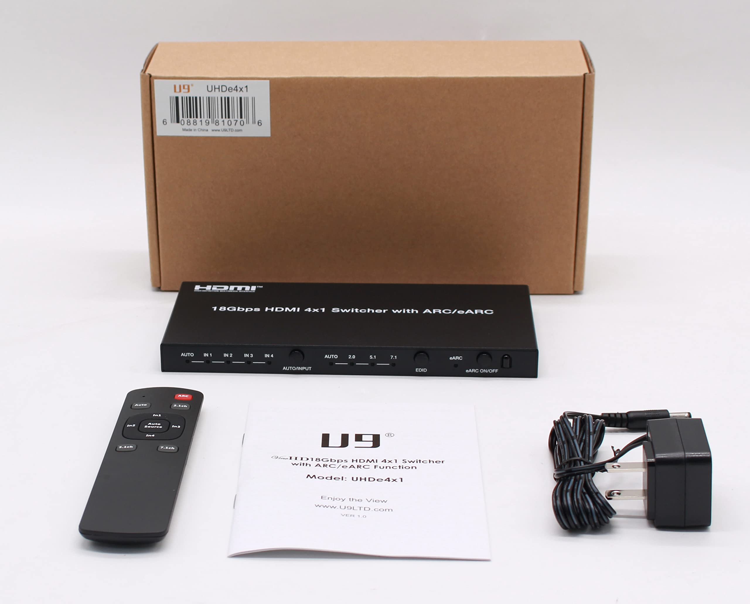 U9 ViewHD HDMI 2.0b 4K Switch 18Gbps 4:4:4 with Built-in HDMI Audio Extractor - Supports Dolby Atmos & eARC - Perfect for Home Theater, Soundbars & AV Receivers | UHDe4x1