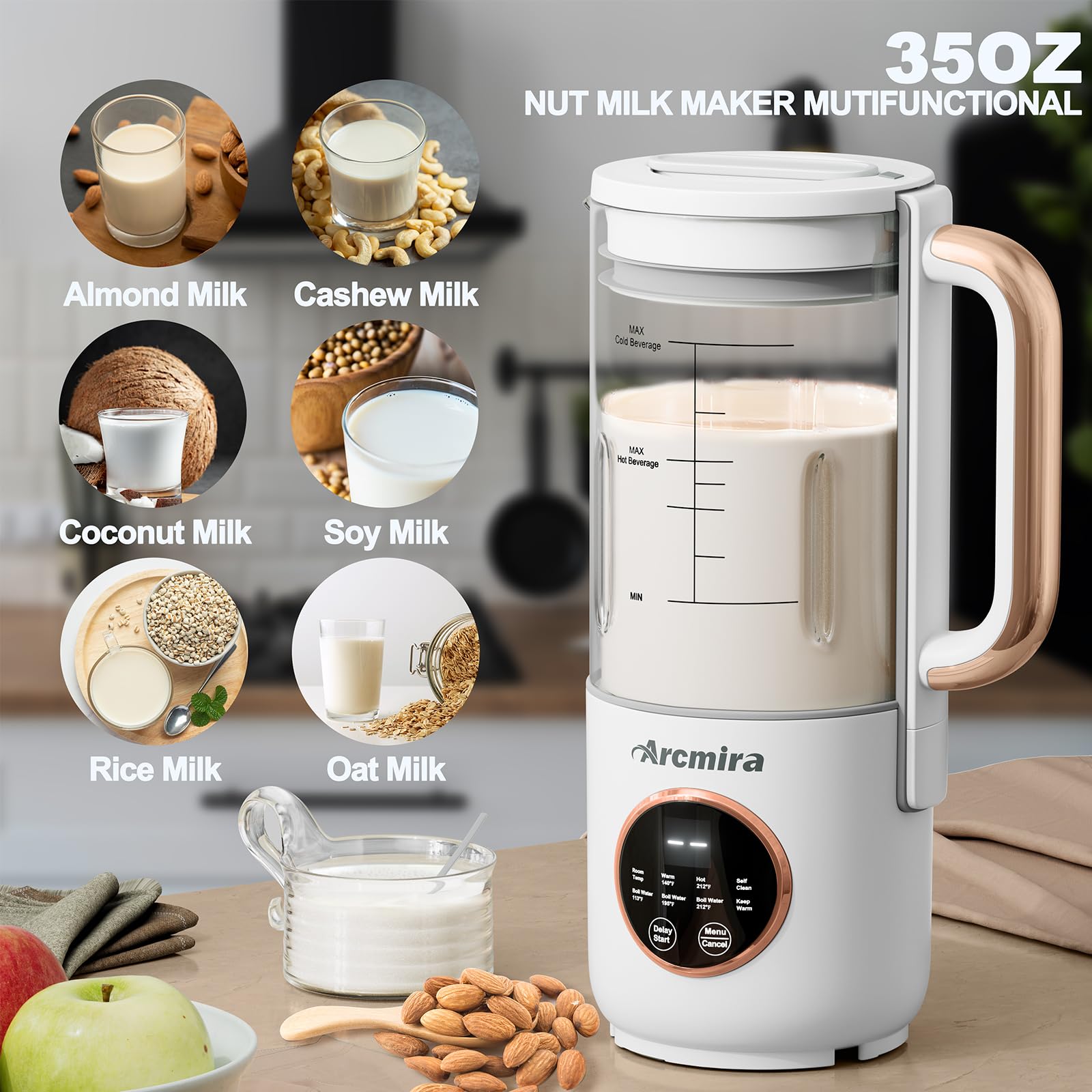 Automatic Nut Milk Maker Machine - 35oz (1000ml) for Homemade Almond, Oat, Soy & Dairy-Free Plant-Based Milk - with Delay Start, Keep Warm & Boil Water Functions - Includes Nut Milk Bag - Perfect for Vegan, Keto & Healthy Lifestyle Breakfasts