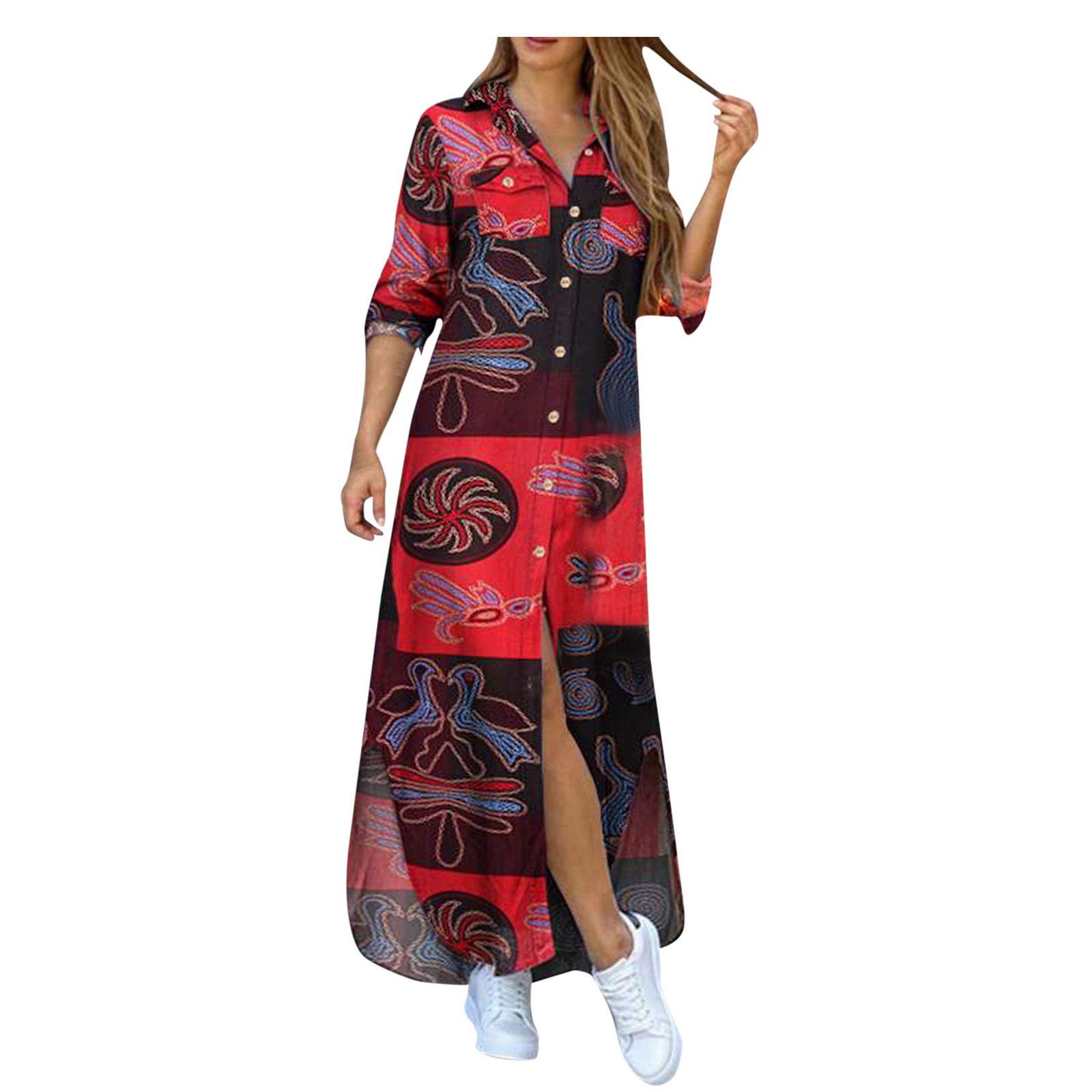 61uourGE Women's Long Sleeve Casual Shirt Dress - Loose Fit Button Down Patchwork Print Tunic Dress for Work, Travel & Everyday Wear
