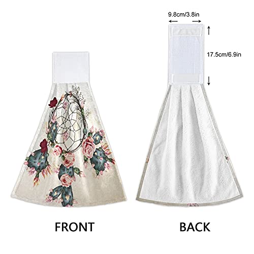 2 Pack Boho Rose Flower Indian Dream Catcher Kitchen Towels - Soft Microfiber Coral Velvet Hand Towels with Loops, Absorbent Dish Towels for Bathroom, Kitchen & Decor - Perfect for Washing Dishes, Drying Hands & Bohemian Home Decor