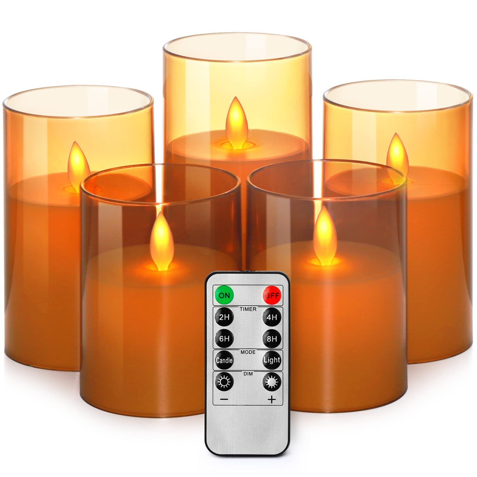 Flameless LED Candles with Remote & Timer - Set of 5 Battery Operated Acrylic Pillar Candles in Gold - Perfect for Home Decor, Weddings, and Romantic Dinners