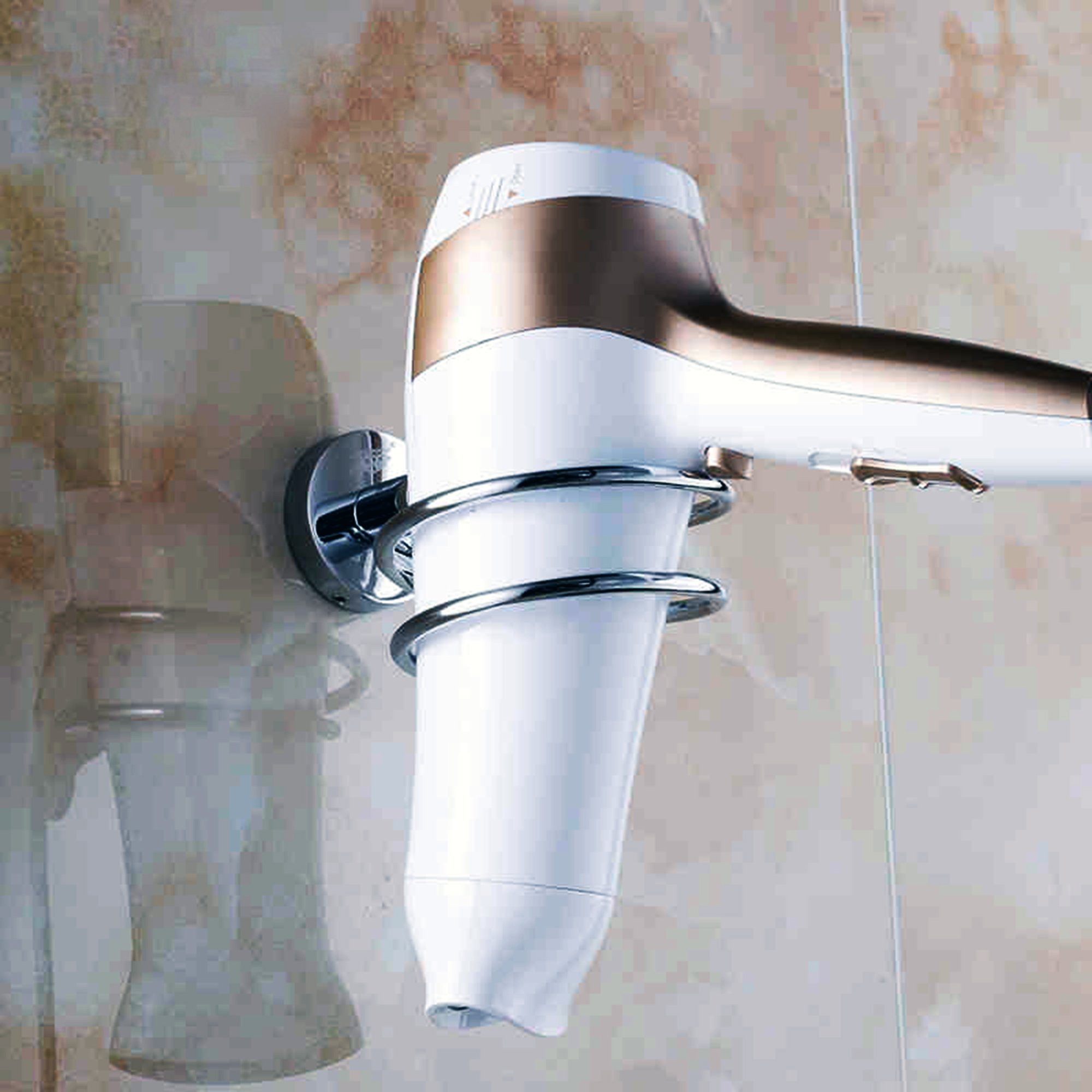 Stainless Steel Hair Dryer Holder - Chrome Silver Finish | Wall Mounted Bathroom Organizer for Hair Styling Tools