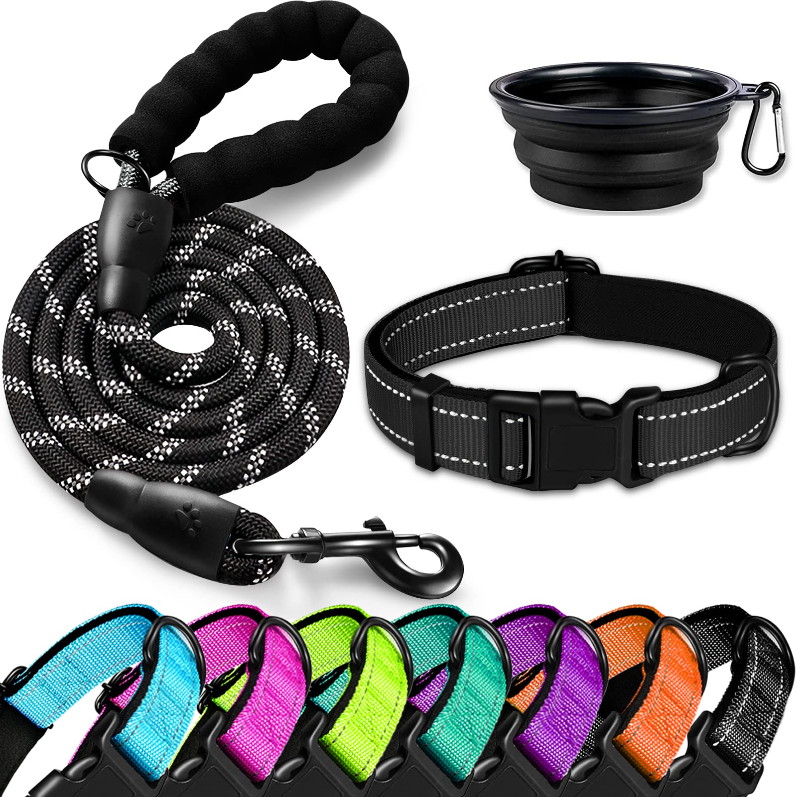 DOYOO Soft Neoprene Padded Reflective Adjustable Dog Collar and Leash Set with Quick Release Buckle - Nylon Pet Collar for Small Medium Large Dogs - Perfect for Walking, Training, and Outdoor Adventures with Collapsible Travel Bowl