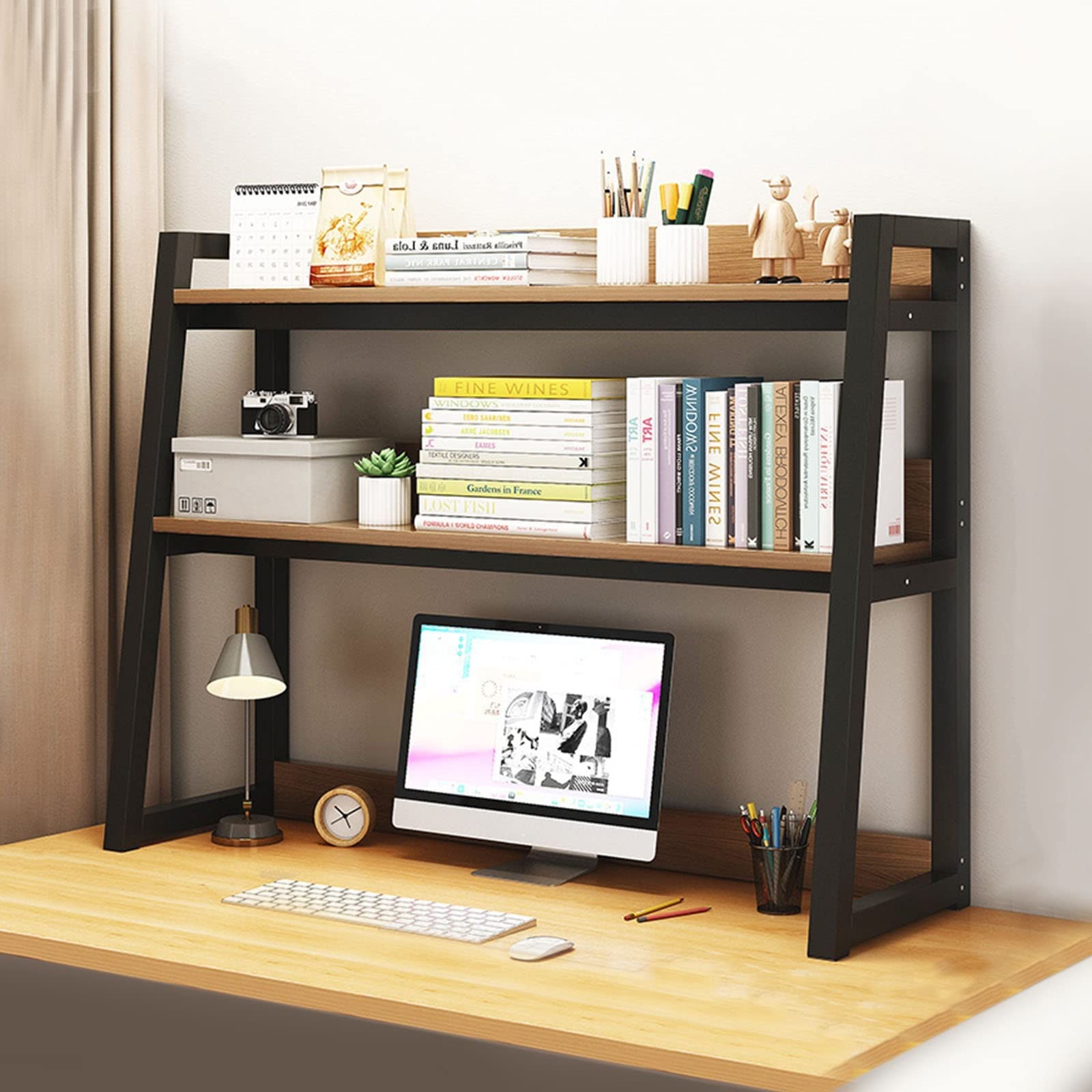 Wooden Desktop Bookshelf Organizer - 2-Tier Computer Desk Hutch with Wood Countertop for Books, Office Supplies & Decor | Perfect for Dorm, Home, School & Office Workspaces | Space-Saving Storage Solution for Small Rooms & Workstations