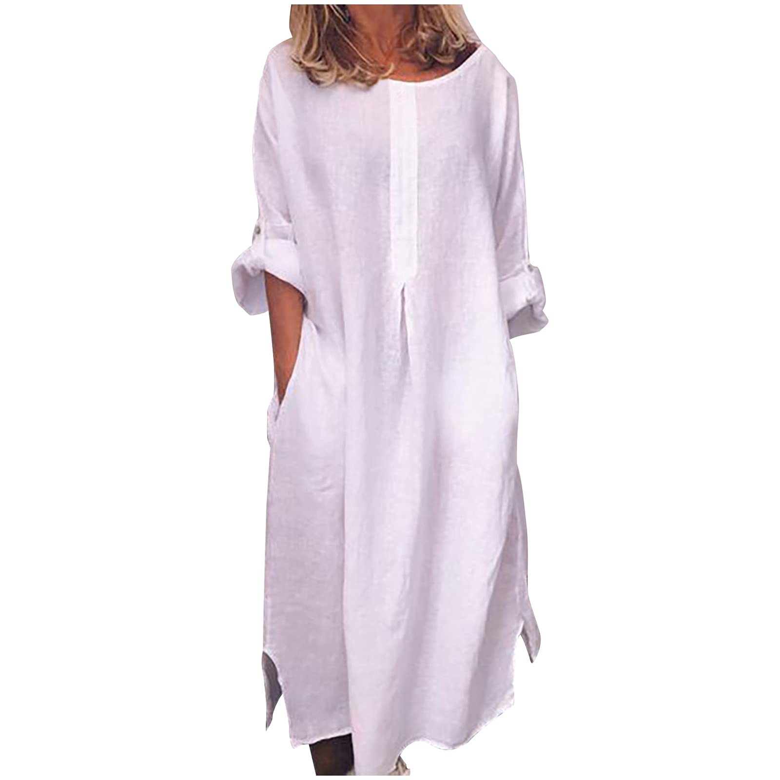 Women's Cotton Linen Maxi Dress with Pockets - Loose Fit Long Sleeve Kaftan Sundress for Summer | Beach Cover Up, Boho Chic Outfit, Casual Daywear