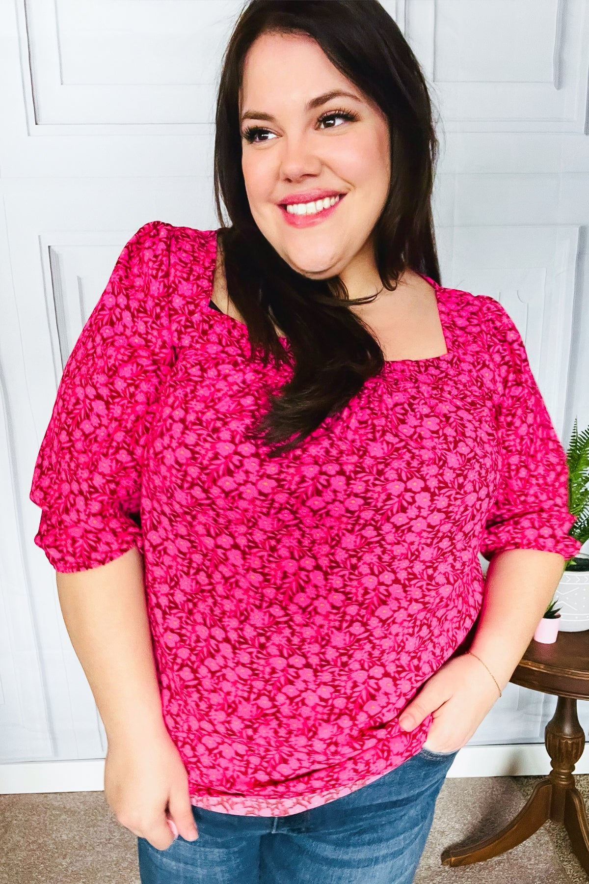 Perfectly You Fuchsia Floral Print Three Quarter Sleeve Square Neck Blouse for Women | Casual Spring Summer Tops for Office Wear & Date Night Outfits