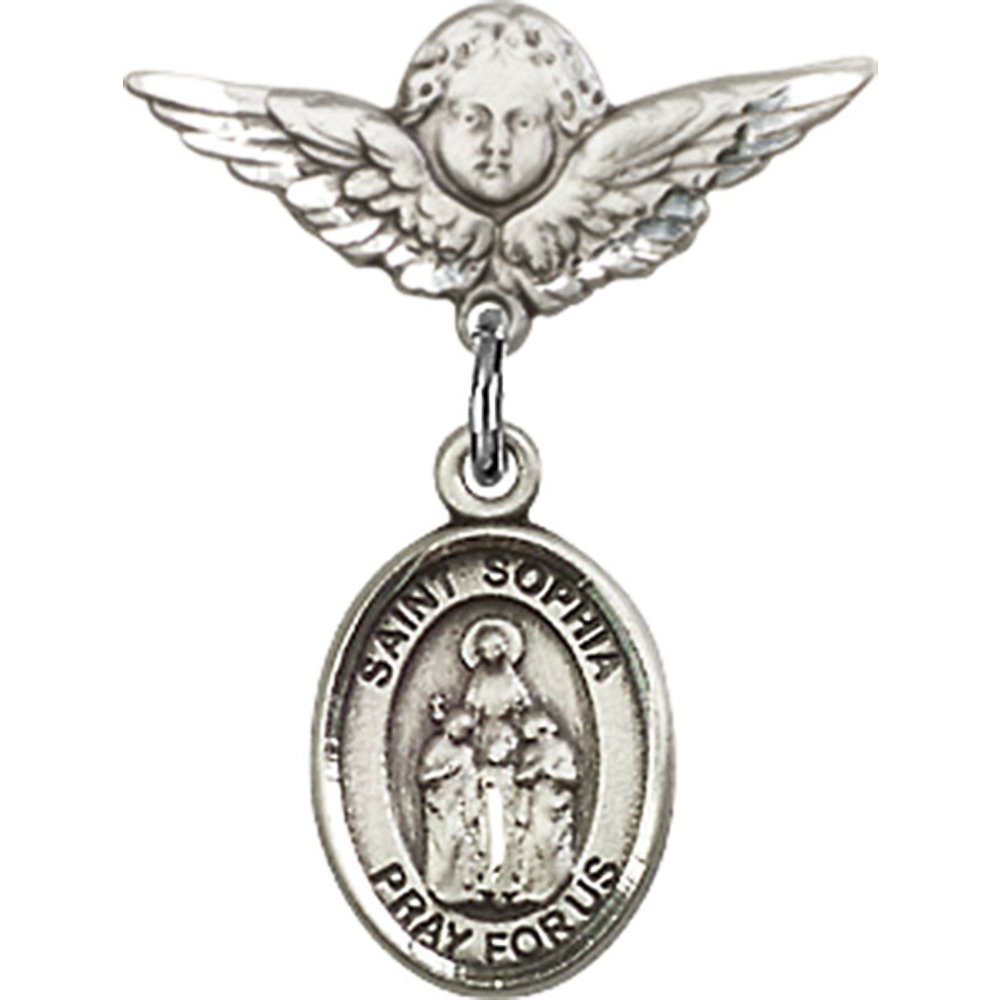 Sterling Silver Baby Badge with St. Sophia Charm & Angel Wing Pin - 7/8