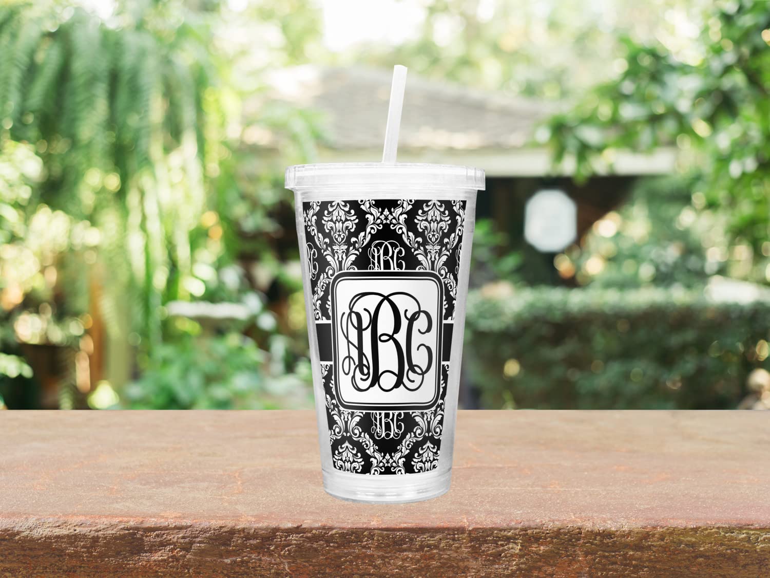 Personalized Monogrammed Damask Double Wall Stainless Steel Tumbler with Straw and Lid - 20oz Insulated Travel Mug for Coffee, Tea & Cold Drinks - Perfect Gift for Office, Gym, Camping and Outdoor Activities