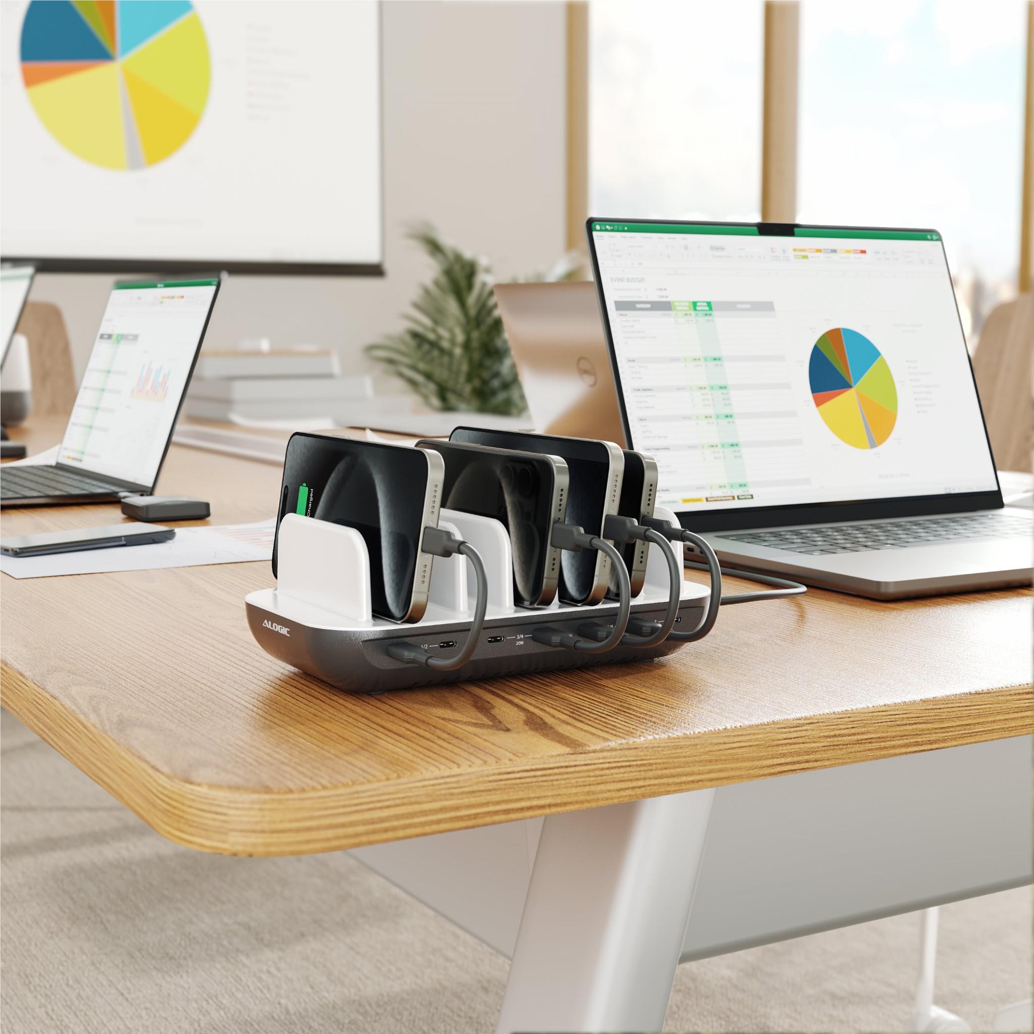 Alogic Powerfin 7-Port USB-C Desktop Charging Station 80W Fast Charger for Multiple Devices - Perfect for Home, Office & Travel Use