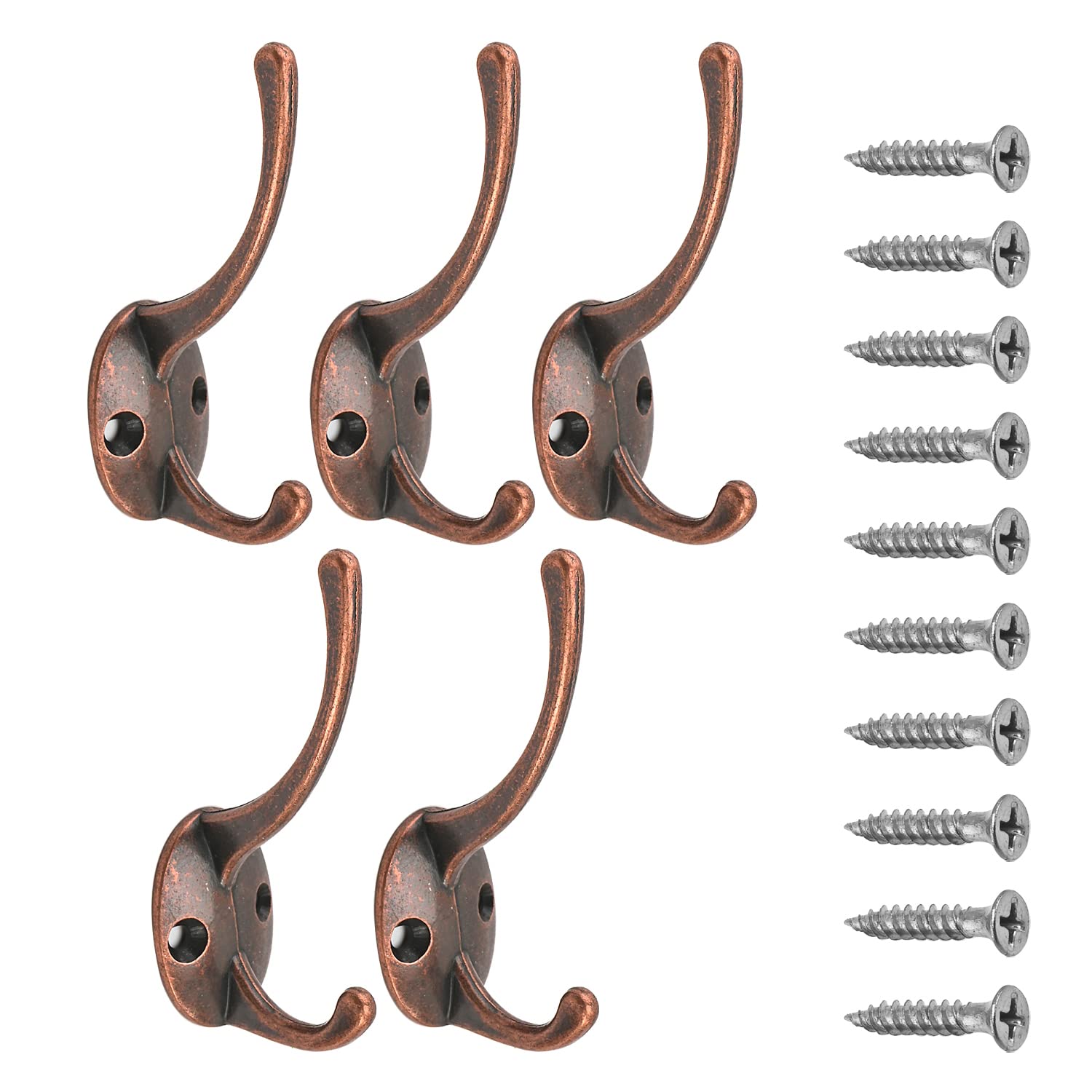 Vintage Style Dual Prong Wall Hooks - Set of 5 Red Copper Coat Hooks for Hanging Coats, Scarves, Bags, Towels & Hats (3.43