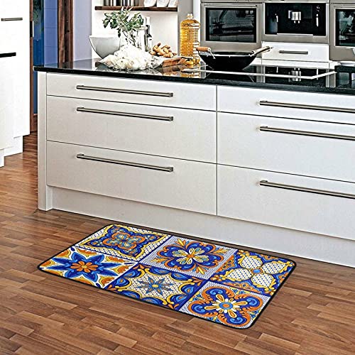 Authentic Mexican Talavera Ceramic Tile Design Non-Slip Kitchen Rug - Blue Moroccan Floral Bath Mat & Doormat (39x20 Inch) - Soft Runner Carpet for Kitchen, Bathroom, Entryway & Home Decor