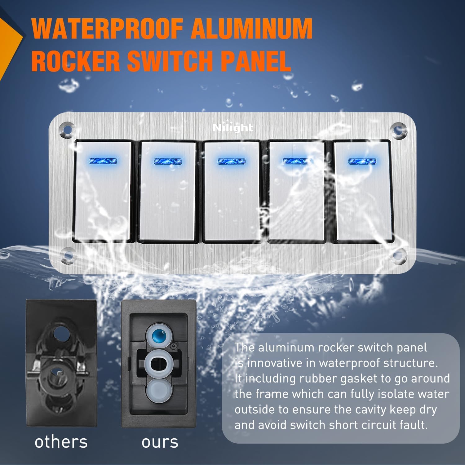 5 Gang Aluminum 3 Pin ON/Off Blue LED Rocker Switch Panel - Waterproof Marine Boat RV Dashboard Control Panel for Automotive, Marine, and Industrial Applications