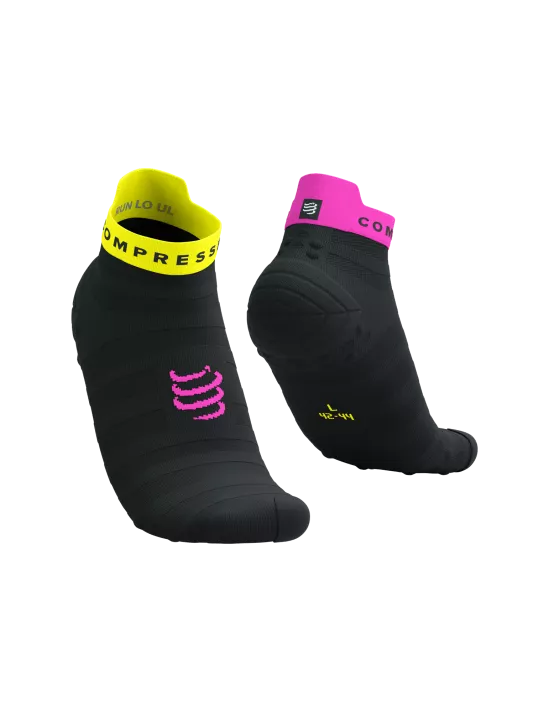 Compressport Unisex Pro Racing Socks v4.0 - Ultralight Running Socks for Men & Women - Low Cut Athletic Socks in Black/Safe Yellow/Neo Pink - Perfect for Marathon, Trail Running & High-Performance Sports
