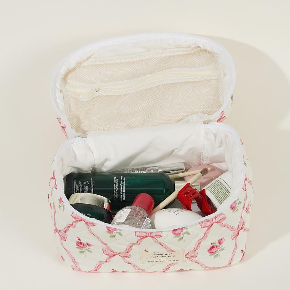 Floral Cotton Makeup Bag - Quilted Cosmetic Pouch for Travel & Storage