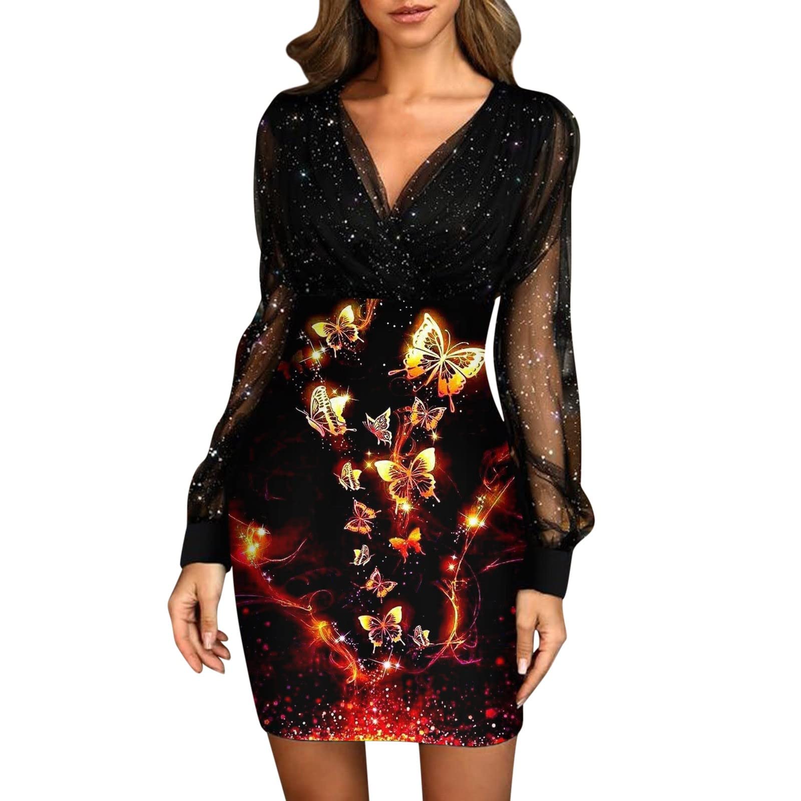 Sparkling Sequin V-Neck Mesh Long Sleeve Bodycon Dress for Women - Elegant Retro Party Club & Work Attire - Perfect for Cocktail Parties, Date Nights & Office Events