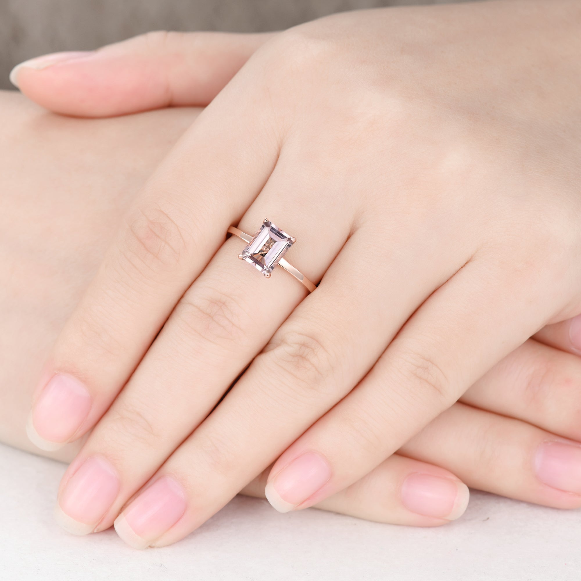 6x8mm Emerald Cut Morganite Solitaire Engagement Ring with Diamond Hidden Halo - Perfect for Proposals, Anniversaries & Bridal Jewelry