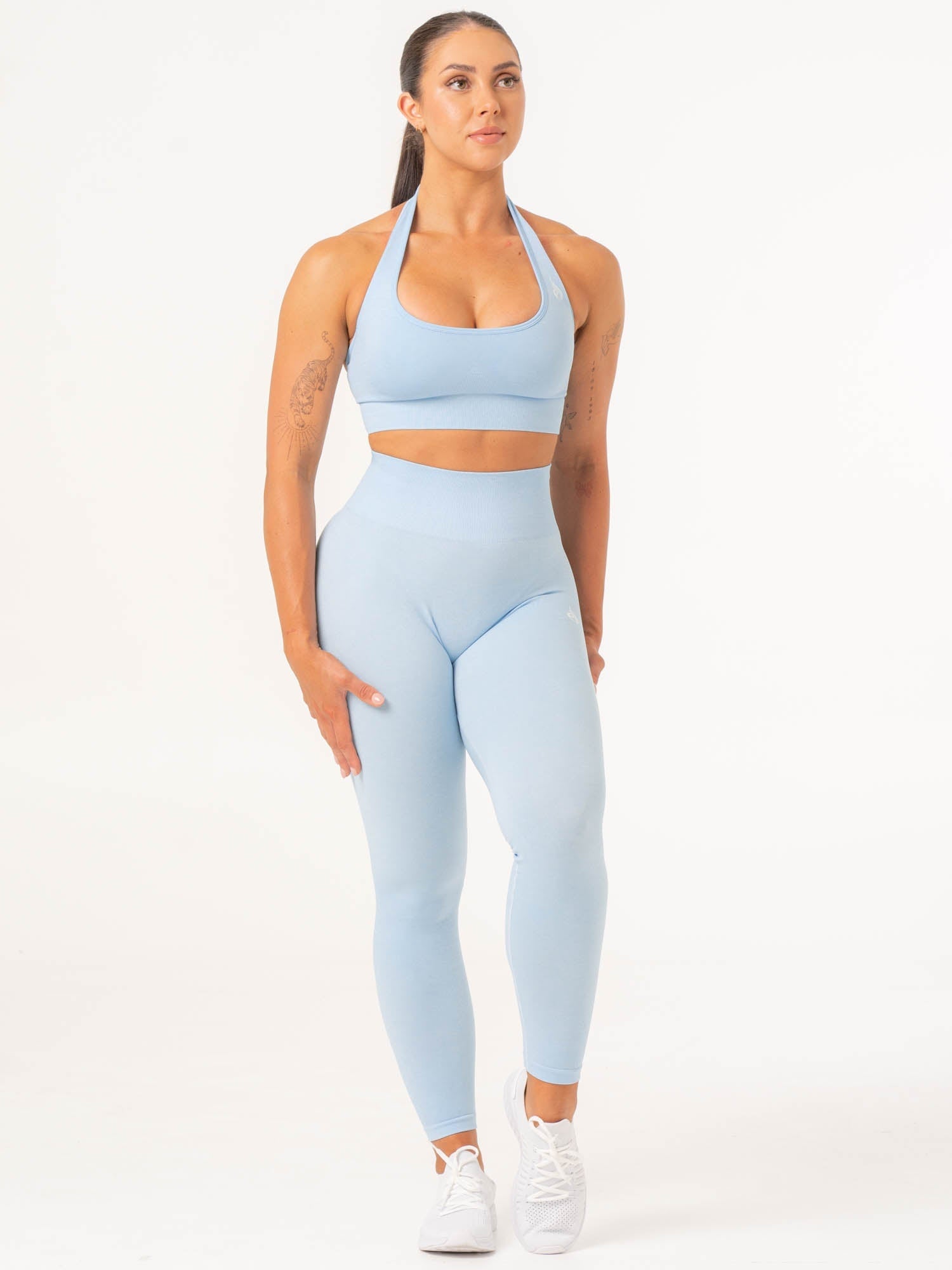 Premium High-Waisted Contour Seamless Leggings - Sky Blue Marl - Yoga, Workout & Everyday Wear