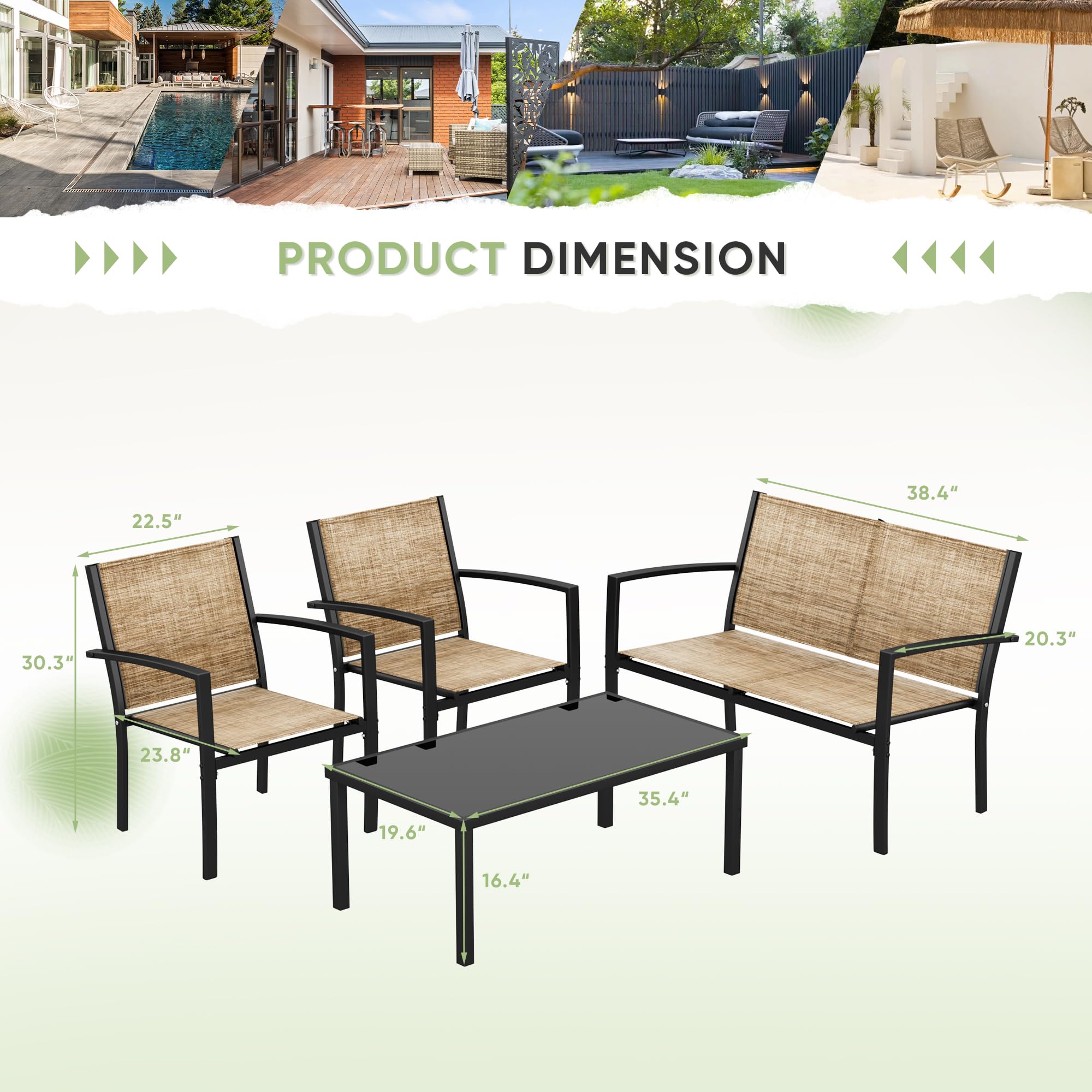 Tuoze 4-Piece Outdoor Patio Furniture Set with Glass Coffee Table & Loveseat - Yellow Bistro Conversation Set for Garden, Yard, Lawn, Balcony | Perfect for Outdoor Entertaining & Relaxation