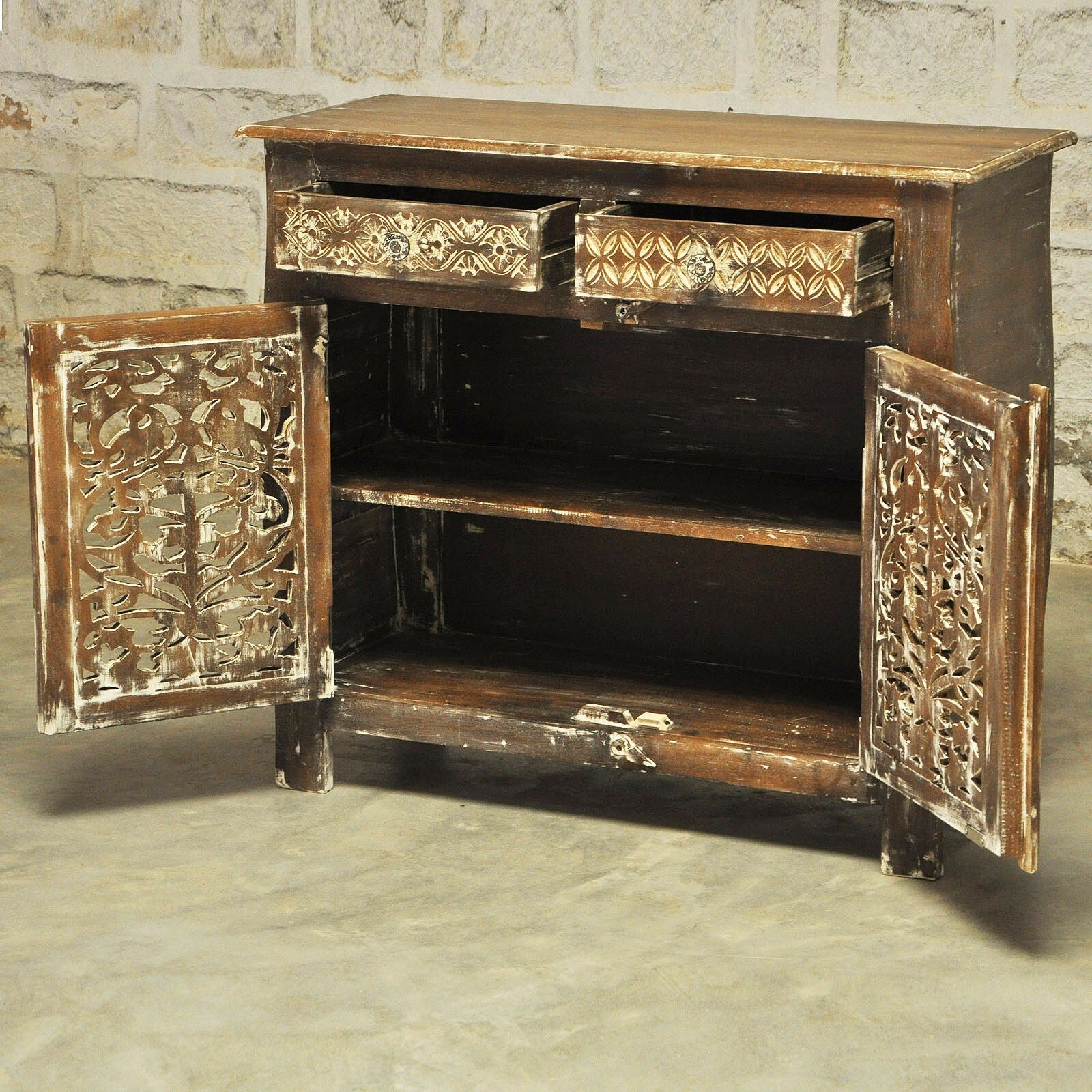 French Colonial Solid Wood Jali Carved Sideboard - Antique Brown Buffet Cabinet for Dining Room, Living Room & Entryway Storage