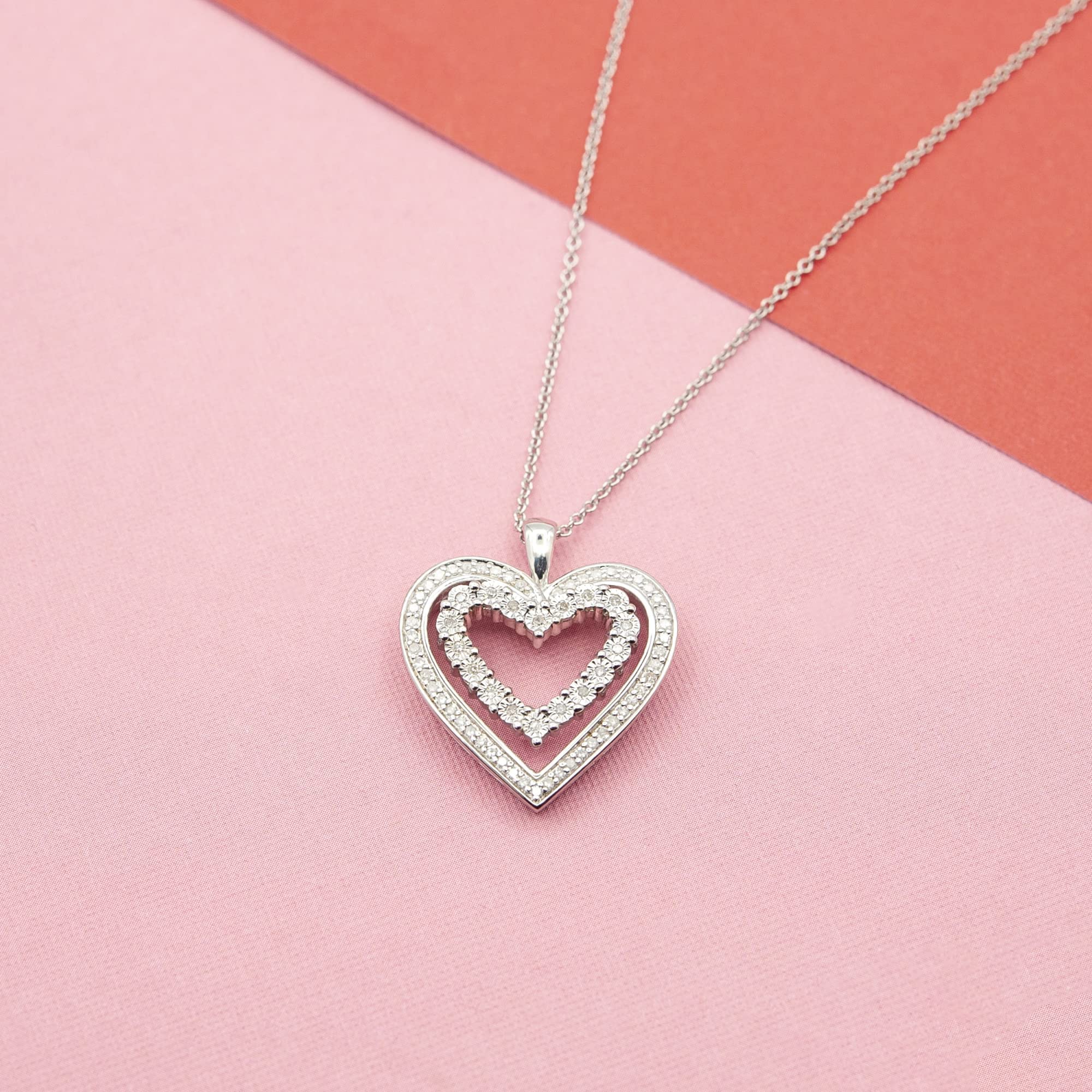 1/4 CTTW Diamond Double Heart Pendant Necklace in Sterling Silver - 20