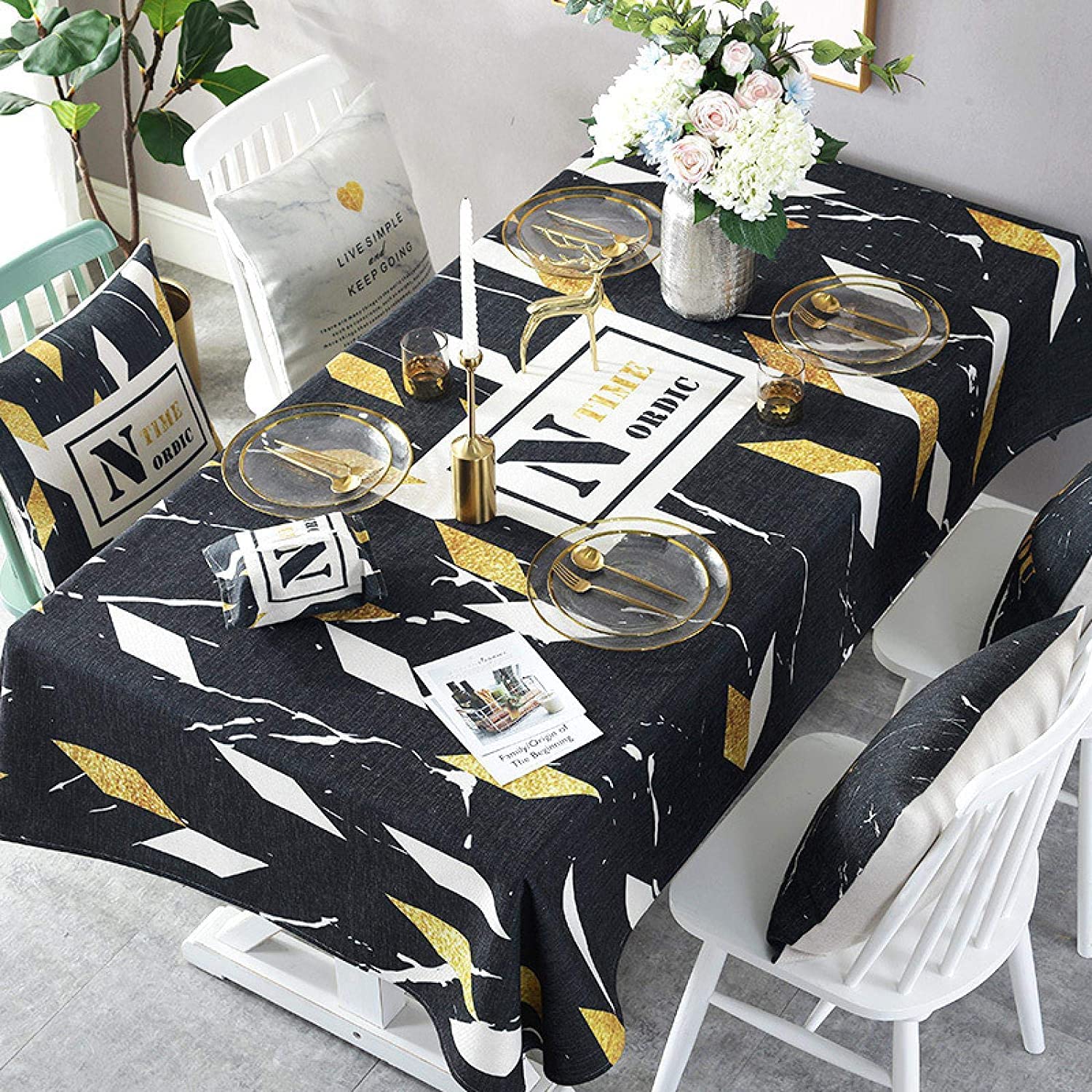 Premium Black & Gold Letter Print Tablecloth 140x100cm - Elegant Rectangular Table Cover for Dining, Coffee Table, TV Cabinet & Home Decor - Washable White Polyester Fabric for Daily Use & Special Occasions