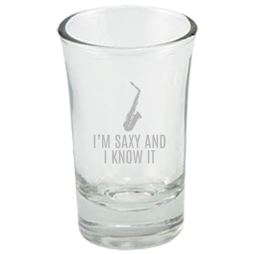 Funny Saxophone Shot Glass - Unique Gift for Saxophone Players & Music Lovers - Engraved 'I'm Saxy And I Know It' Design - Perfect for Parties, Music Themed Events & Jazz Enthusiasts