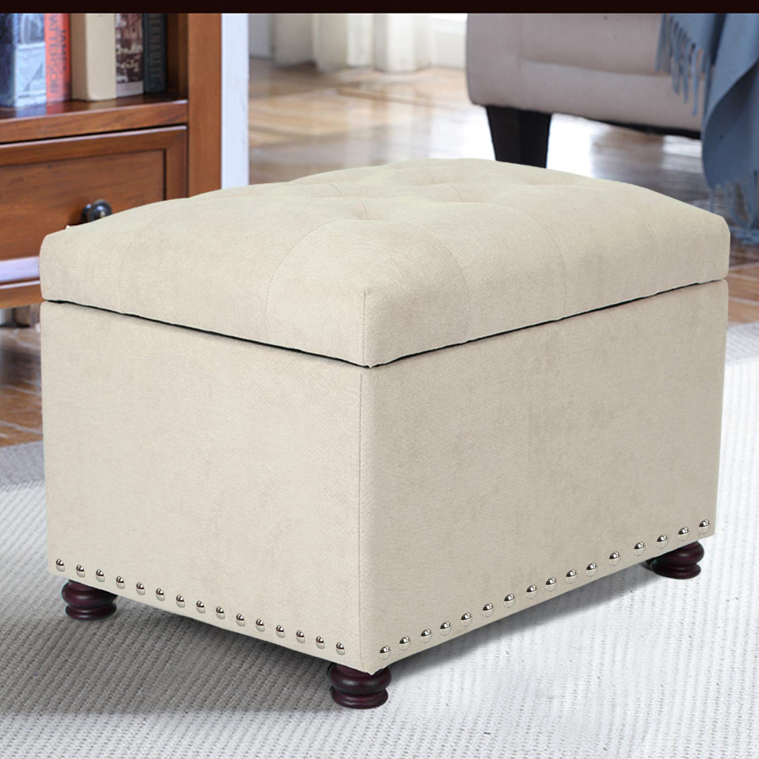 Adeco Stylish Cotton Blend Fabric Rectangular Storage Bench with Ottoman - White | Perfect for Living Room, Bedroom & Entryway Storage & Seating