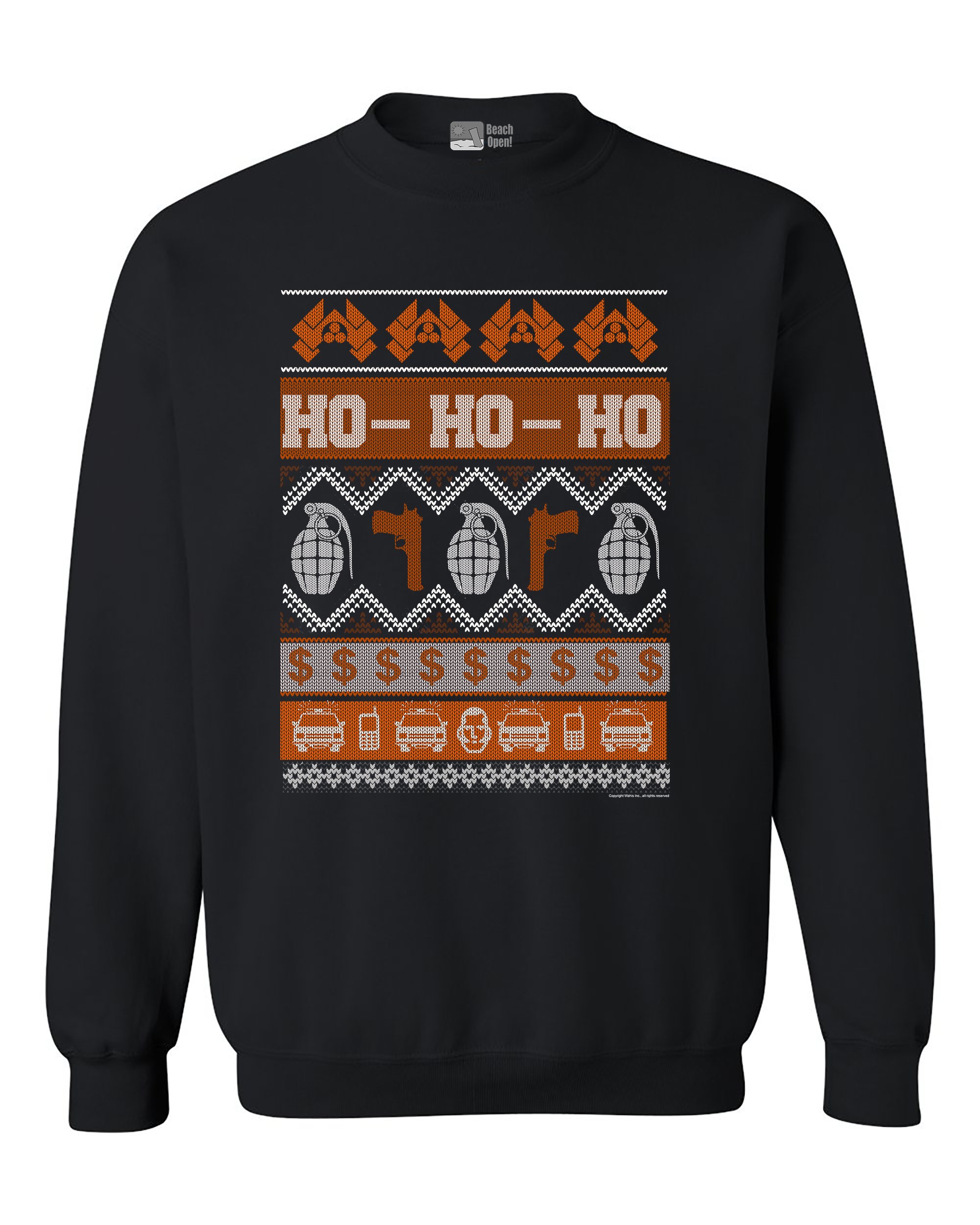 Funny Ugly Christmas Sweatshirt - Die Hard Gun Ho Ho Ho Beach Open Crewneck - Holiday Party & Casual Wear