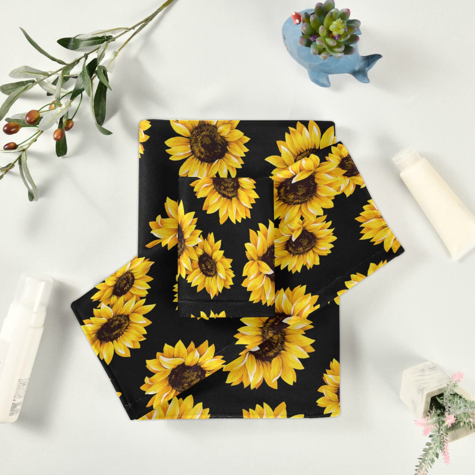 Qilmy 3-Piece Sunflower Towel Set - Ultra Absorbent & Soft Bath Towel, Hand Towel & Washcloth for Bathroom Decor | Perfect for Spa, Beach & Home Use
