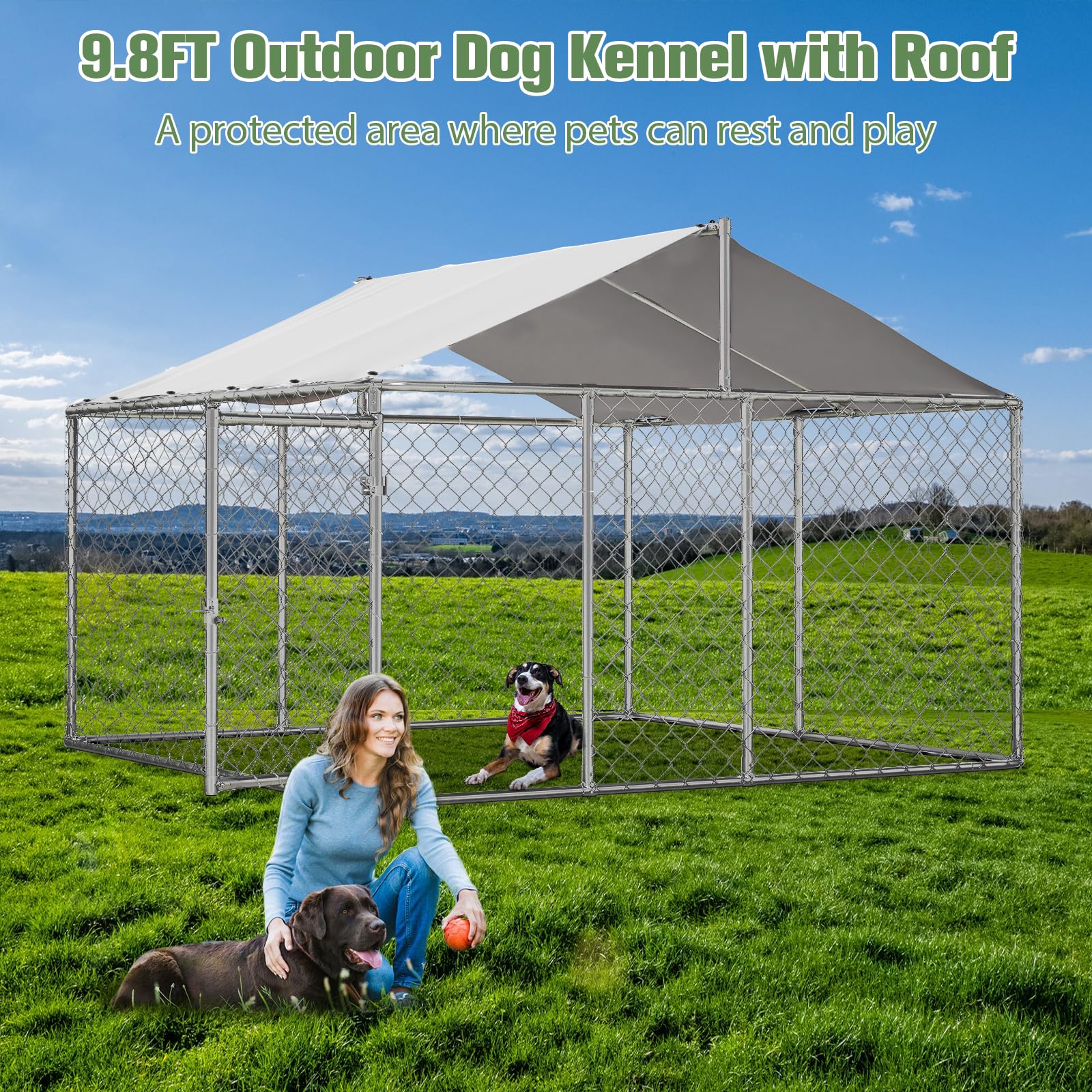 10×10FT Extra Large Heavy Duty Outdoor Dog Kennel with Roof Cover - Chain Link Dog House Cage Playpen with Lockable Door for Backyard - Perfect for Large Breed Dogs, Pet Safety & Outdoor Playtime