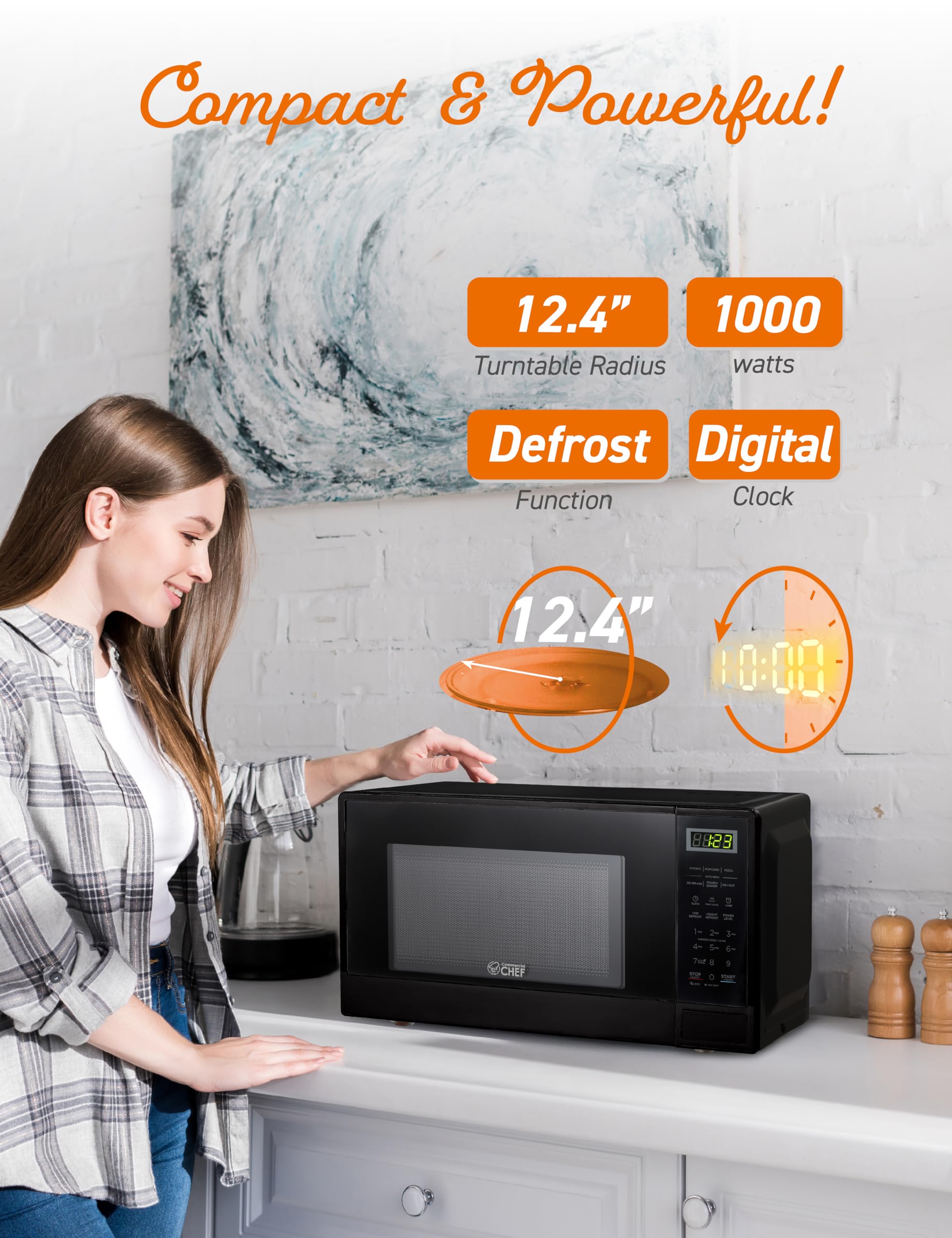 Commercial Chef 1.1 Cu Ft Compact Microwave Oven - 1000W Countertop Microwave with 10 Power Levels, Push Button Controls, Digital Display, Kitchen Timer & Safety Door Lock (Black) - Perfect for Small Kitchens, Dorms, Offices & RVs