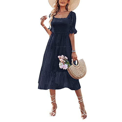 Koloyooya Women's Summer Casual Boho Midi Dress - Puff Sleeve Square Neck Backless Swiss Dot Flowy Tie Dress for Beach, Vacation & Date Night