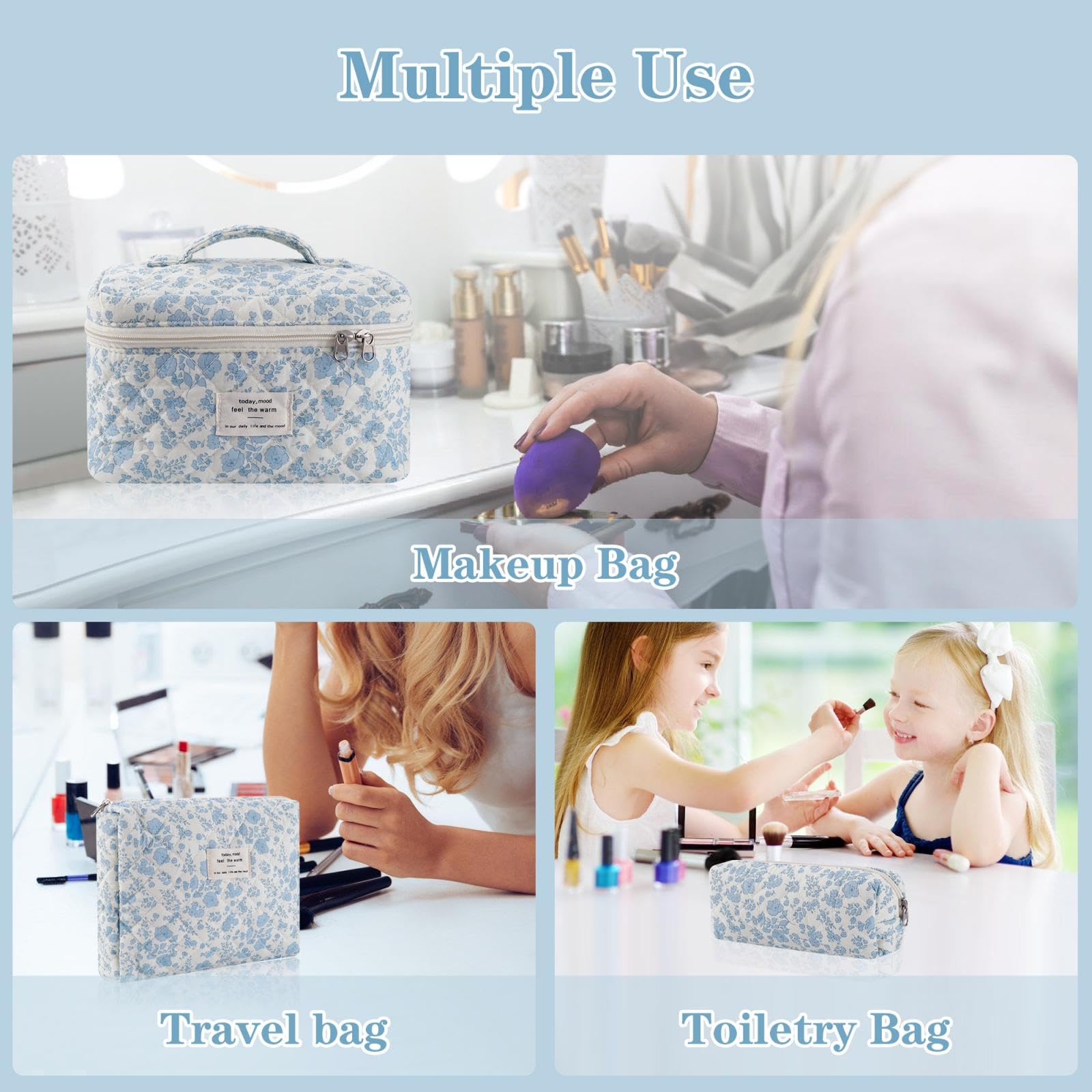 Quilted Makeup Bag Set - 3 Pcs Cotton Floral Cosmetic Organizer for Women | Large Travel Toiletry Bags | Perfect for Vacation, Gym & Daily Essentials Storage