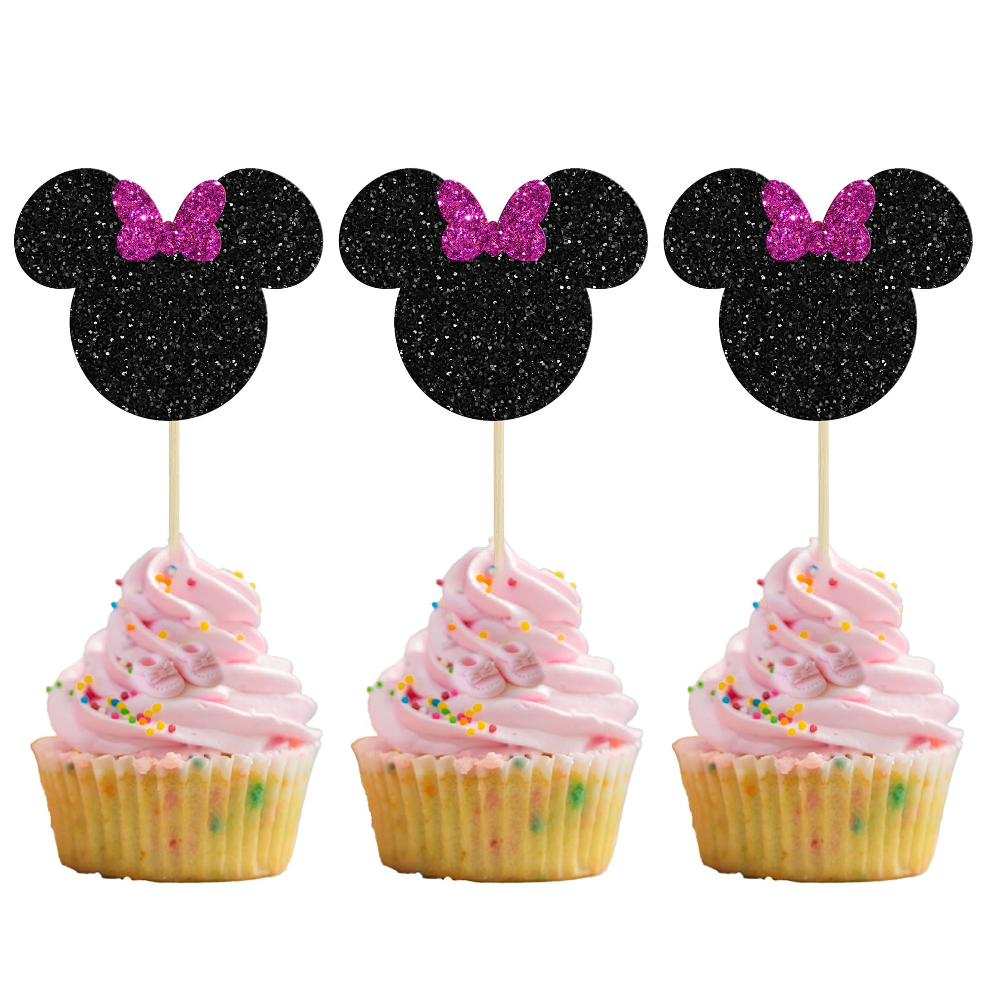 Purple Glitter Mouse Cupcake Toppers - 36 Pack for Baby Showers & Birthdays