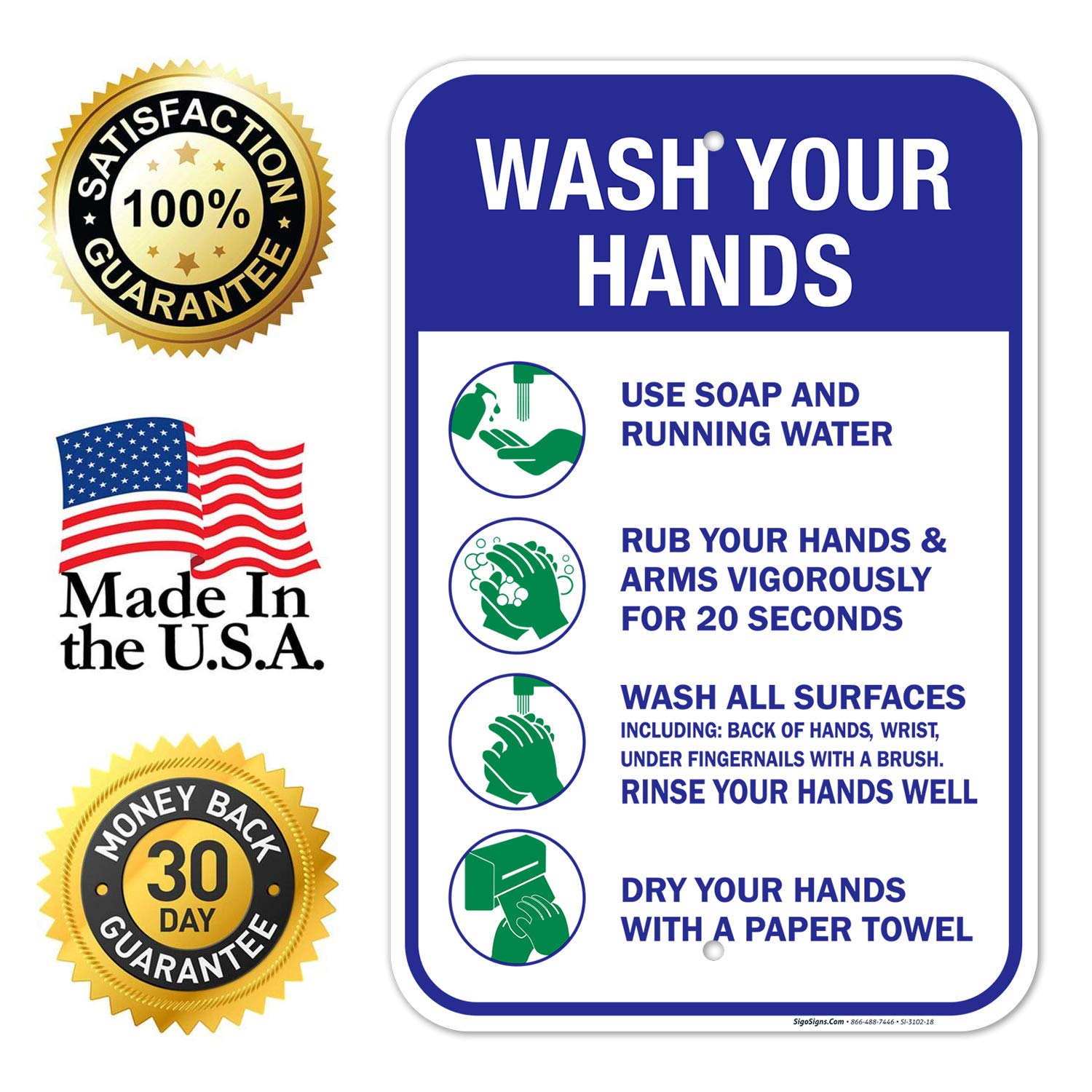 Hand Washing Sign - 12x18 Inches Rustproof Aluminum Hygiene Instruction Poster | Durable Fade-Resistant Bathroom & Kitchen Sign | Made in USA for Restaurants, Hospitals & Schools