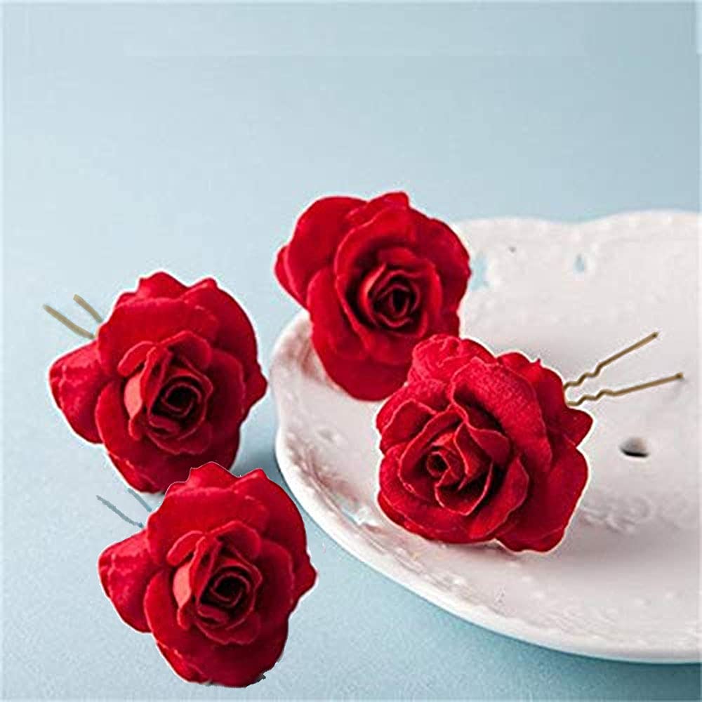 Elegant Golden Rose Bridal Hair Pins for Women & Girls – Set of 4 Wedding Hair Accessories with Red Rose Flowers – Perfect for Bridal Showers, Weddings, Prom & Special Occasions
