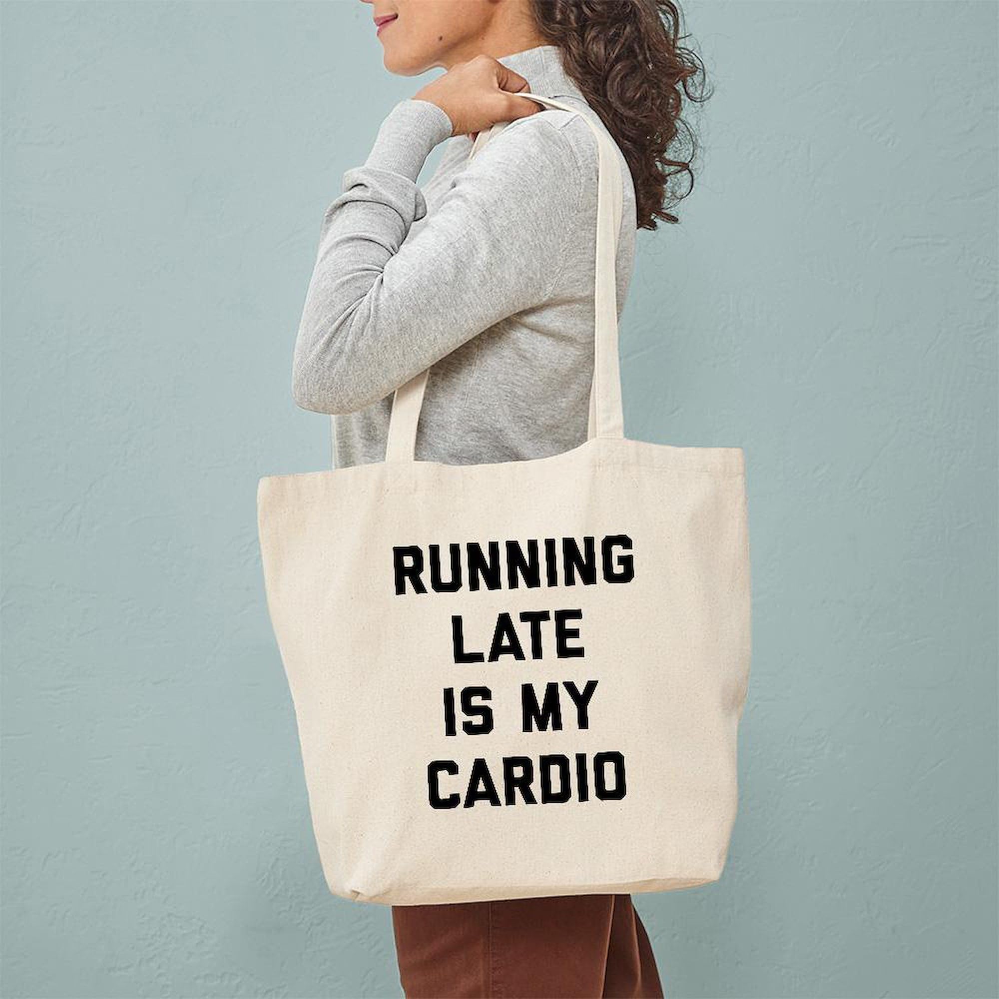Running Late Is My Cardio Tote Bag - Natural Canvas Reusable Shopping Bag for Gym, Work & Groceries | Funny Gym Bag for Women & Men