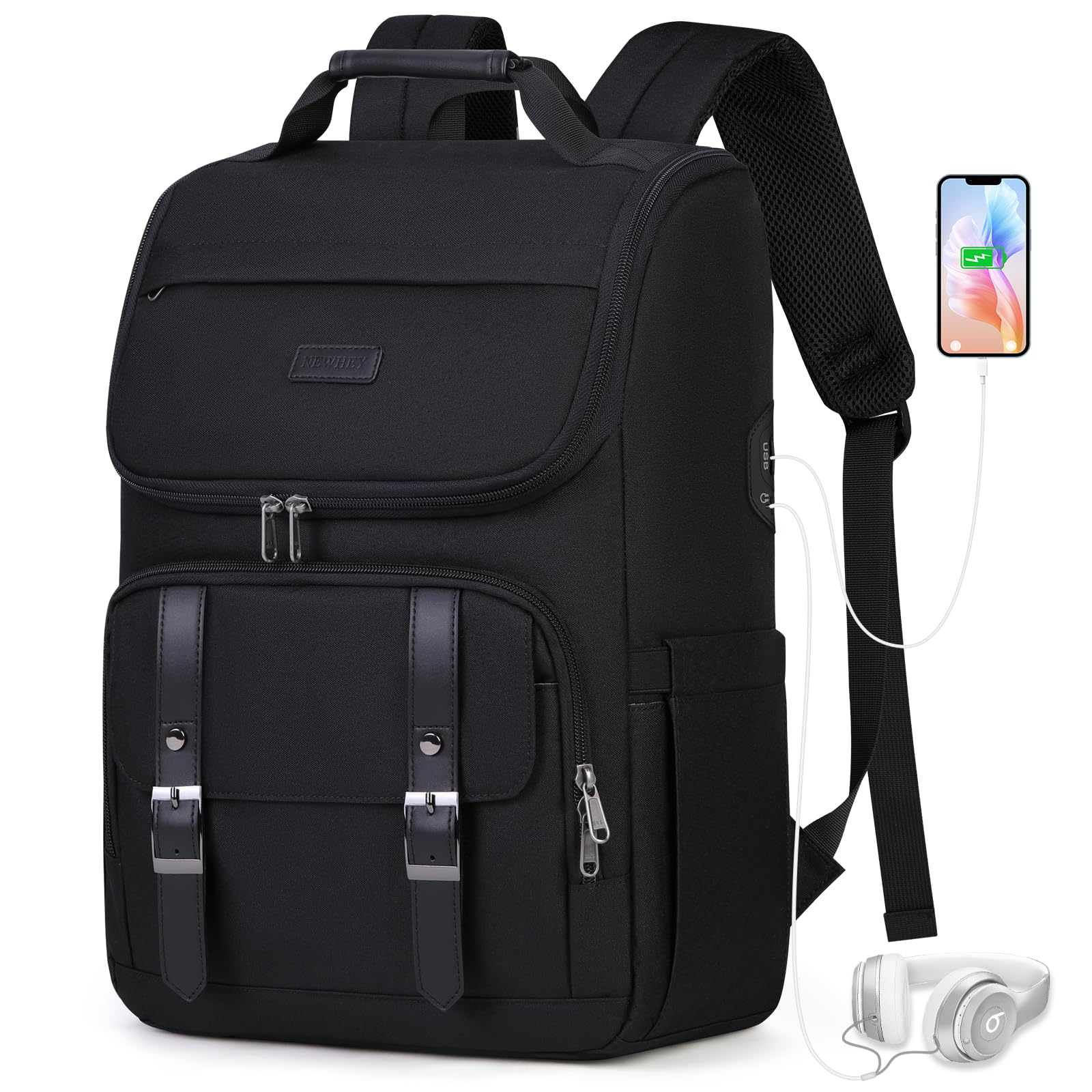 15.6 Inch Waterproof Laptop Backpack for Men & Women - TSA Friendly USB Charging Travel Backpack for Business, Work & College - Durable Carry On Backpack for Daily Commute & Air Travel (Black)