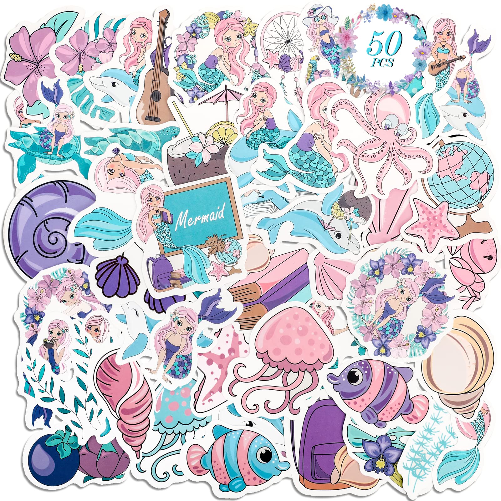 50PCS Waterproof Vinyl Stickers for Laptop, Water Bottle, Skateboard - Cute Mermaid Aesthetic Stickers for Girls, Teens & Kids | DIY Crafts, School Supplies, Room Decor